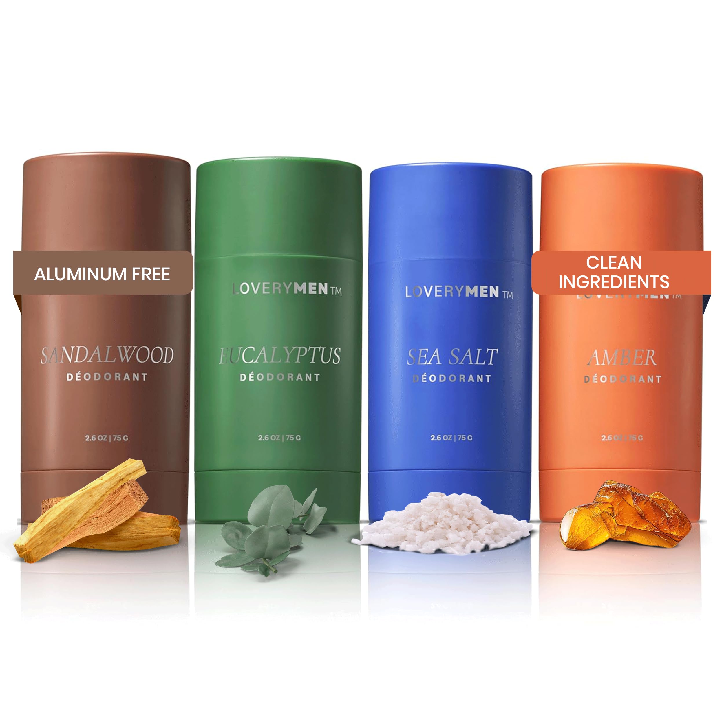 LOVERY Aluminum-Free Deodorant 4-Pack for Men – Long-Lasting Odor Protection – Amber, Sea Salt, Eucalyptus & Sandalwood