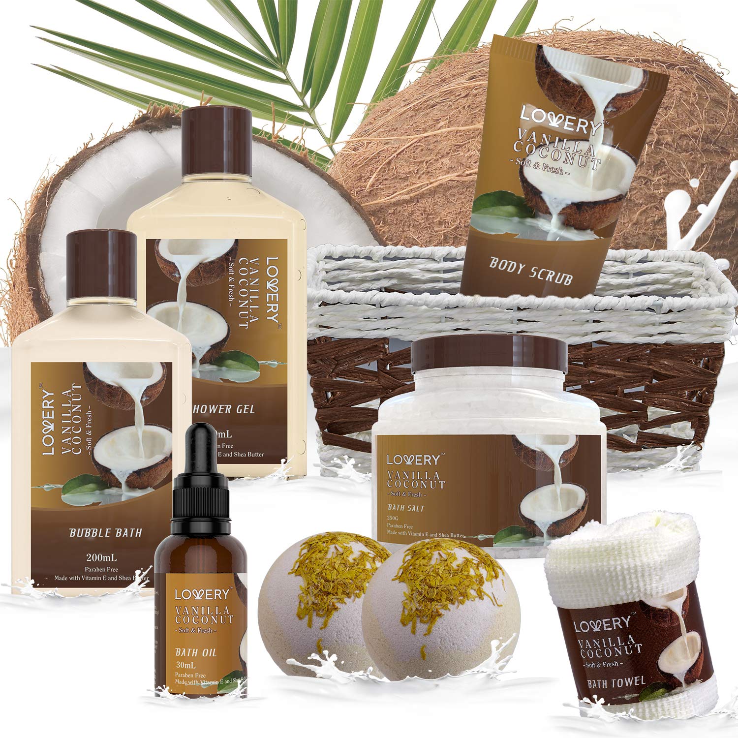 LOVERY 9-Piece Vanilla Coconut Spa Gift Basket for Women – Luxurious Bath & Body Set