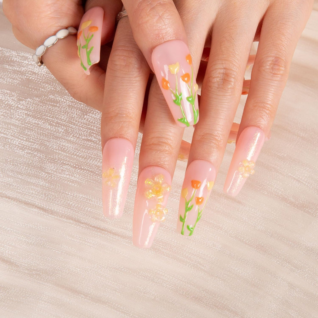 LOVFUL Press on Nails Flower Refresher – Crystal Full-Cover Reusable Coffin Nails, 1.3in