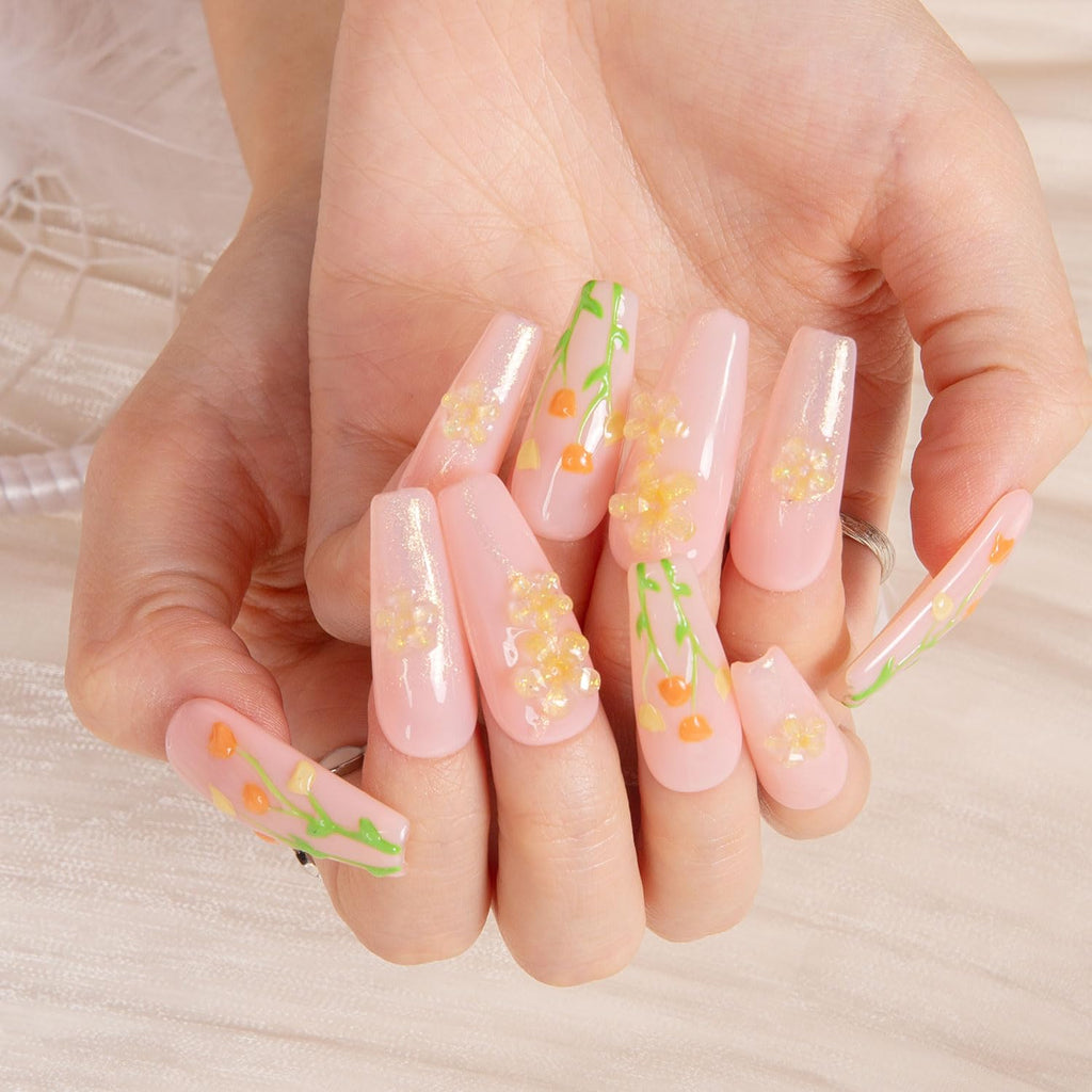 LOVFUL Press on Nails Flower Refresher – Crystal Full-Cover Reusable Coffin Nails, 1.3in