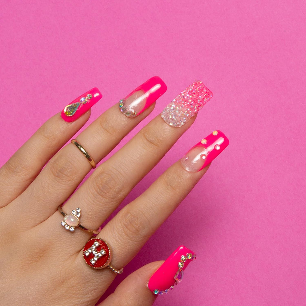 LOVFUL Press on Nails Pink Typhoon | Crystal Full-Cover Set, Reusable Square 1.0 in | H38-L