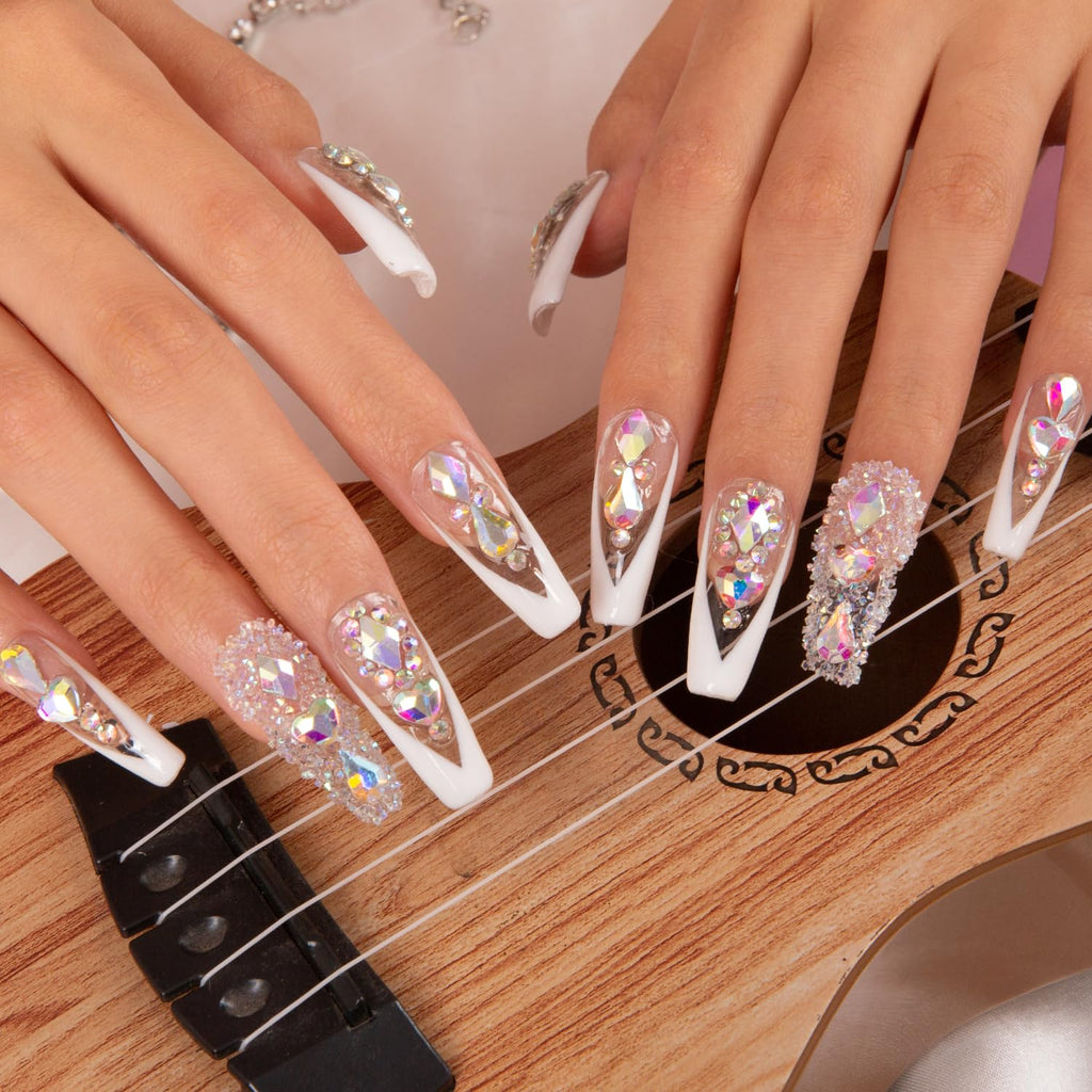 LOVFUL Aurora Light Press On Nails – Full Crystal Coverage, Reusable Coffin Classic 1.3 in | H36-M