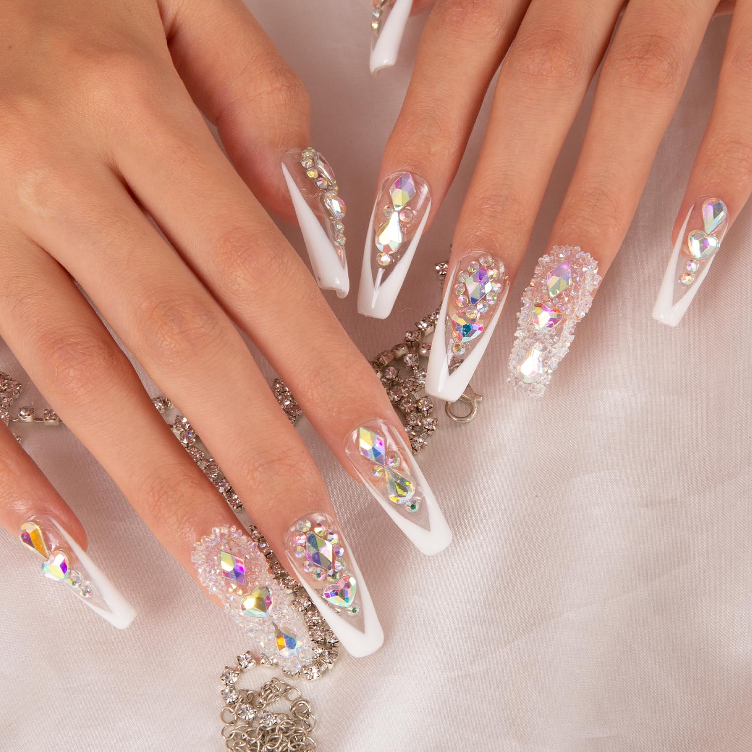 LOVFUL Aurora Light Press On Nails – Full Crystal Coverage, Reusable Coffin Classic 1.3 in | H36-M