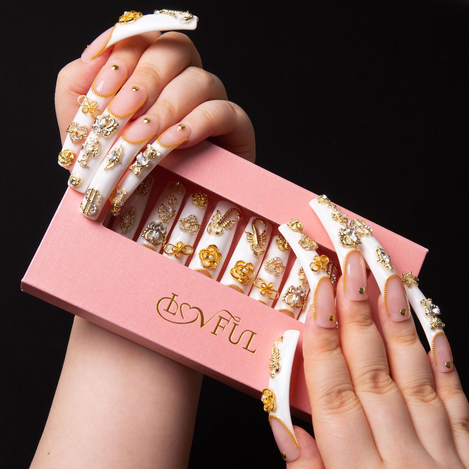 LOVFUL Press on Nails Chicago | Handmade Full-Covered Crystals, Reusable Curve Long 2.2 in | H189-S