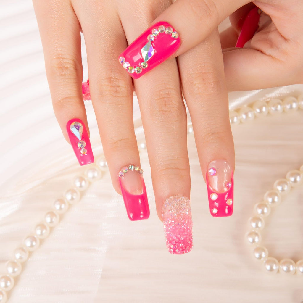 LOVFUL Press on Nails Pink Typhoon | Crystal Full-Cover Set, Reusable Square 1.0 in | H38-L