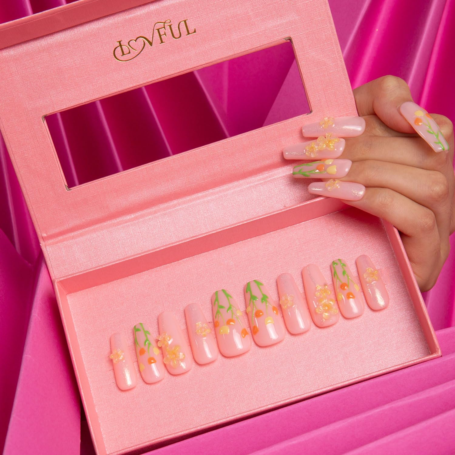 LOVFUL Press on Nails Flower Refresher – Crystal Full-Cover Reusable Coffin Nails, 1.3in