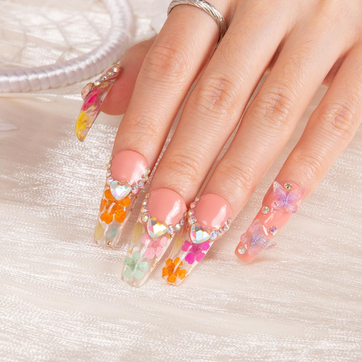 LOVFUL Flora Press-On Nails | Handmade Full-Cover Crystals | Reusable Coffin Nails 1.3in | H176-M