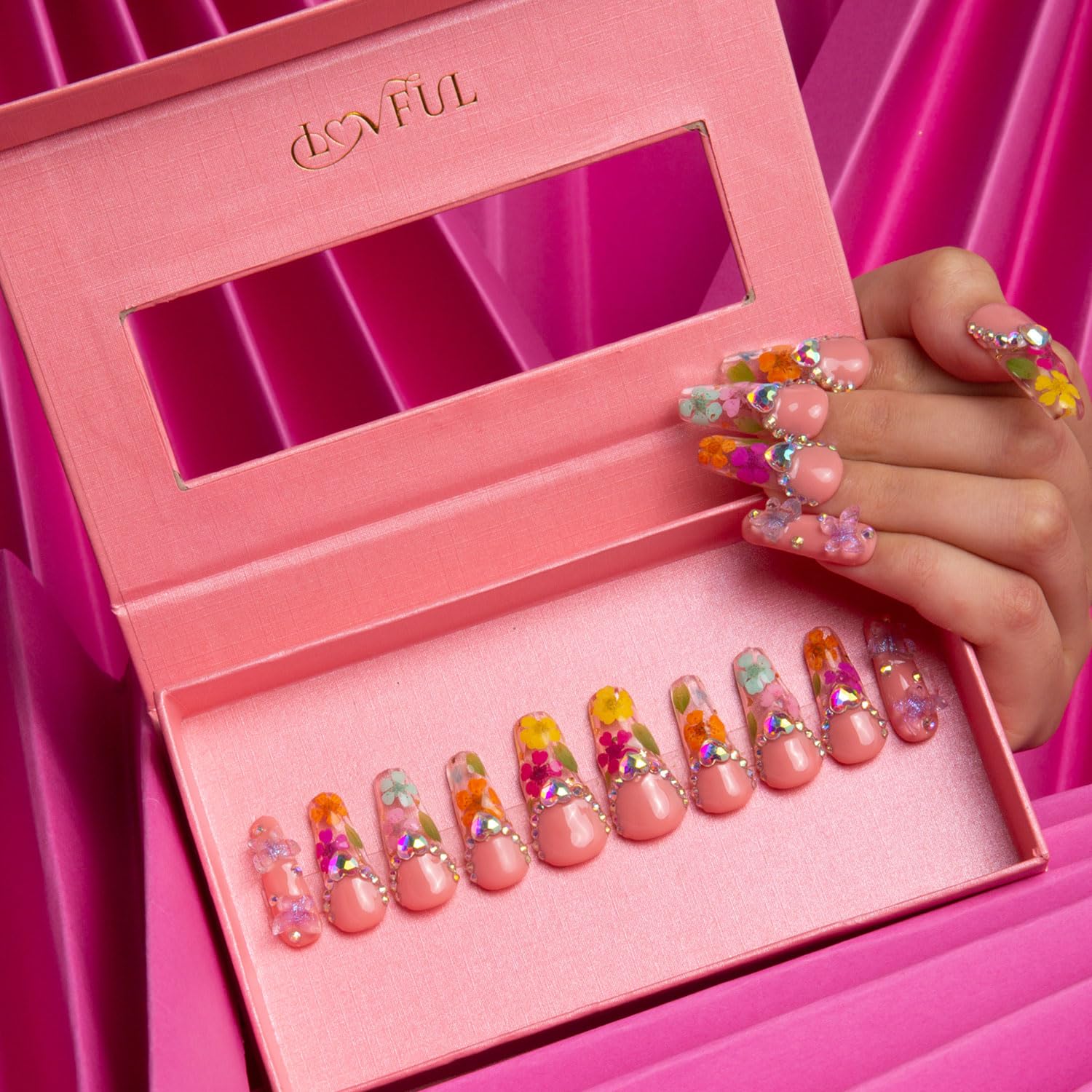 LOVFUL Flora Press-On Nails | Handmade Full-Cover Crystals | Reusable Coffin Nails 1.3in | H176-M