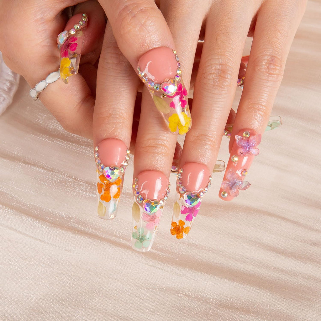 LOVFUL Flora Press-On Nails | Handmade Full-Cover Crystals | Reusable Coffin Nails 1.3in | H176-M