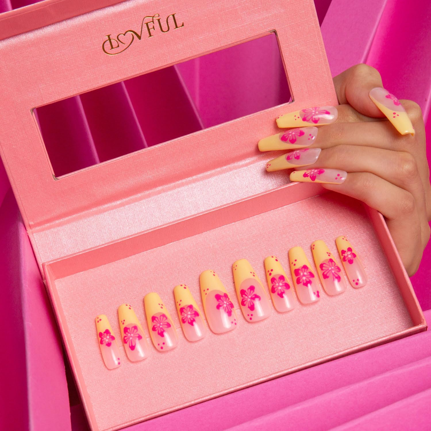 LOVFUL Waikiki Beach Press-On Nails | Full-Cover Crystal Design | Reusable Coffin Classic 1.3 in | H285-M