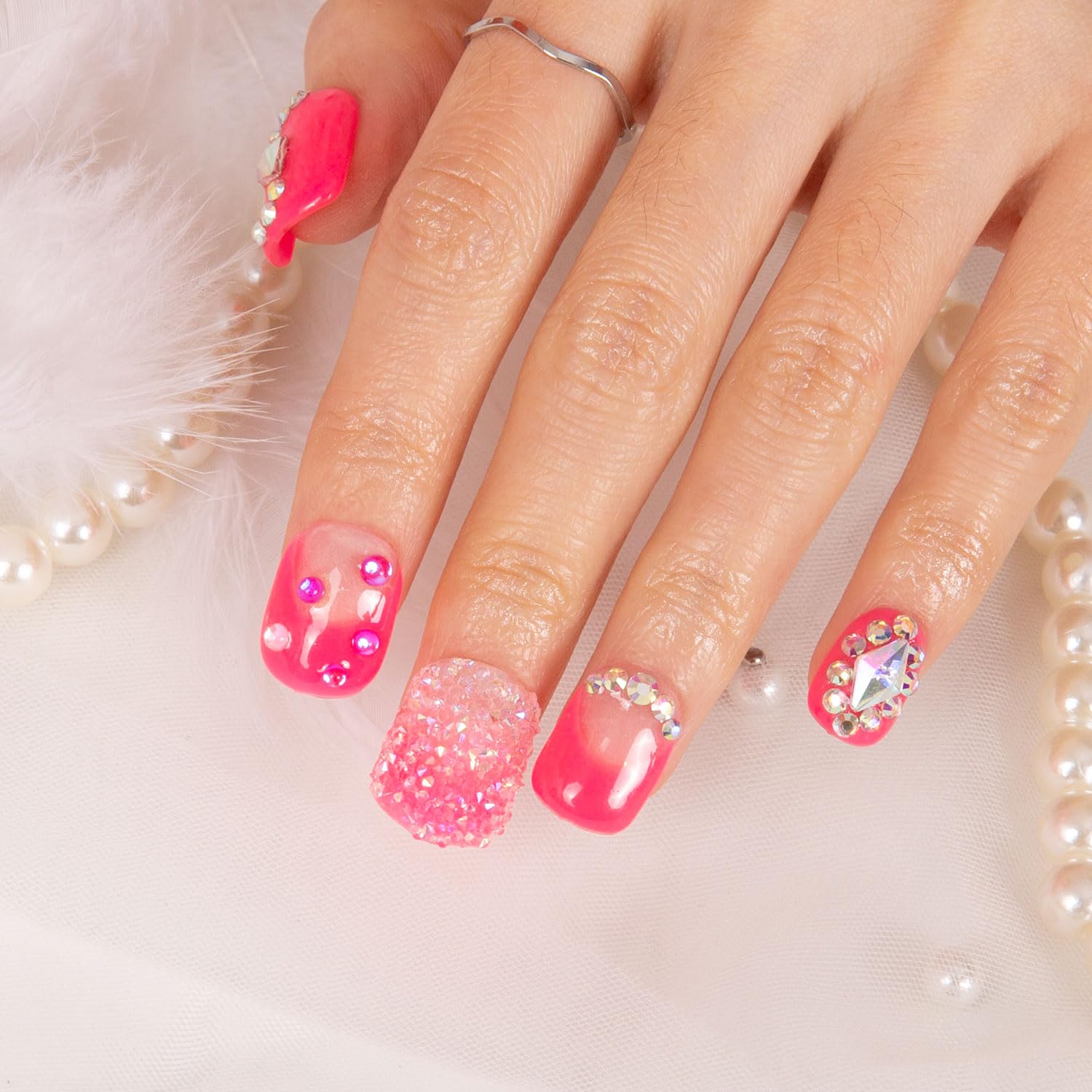 LOVFUL Pink Typhoon Press-On Nails – Full Crystal, Reusable, Square Short 0.8 in