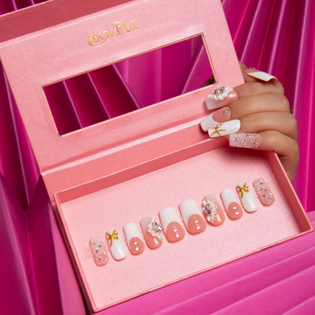 LOVFUL Press on Nails: Only You French Tip – Handmade with Full Crystals, Reusable Square 1.0 in