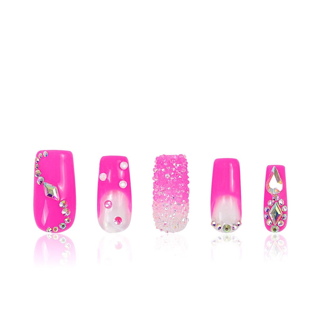 LOVFUL Press on Nails Pink Typhoon | Crystal Full-Cover Set, Reusable Square 1.0 in | H38-L