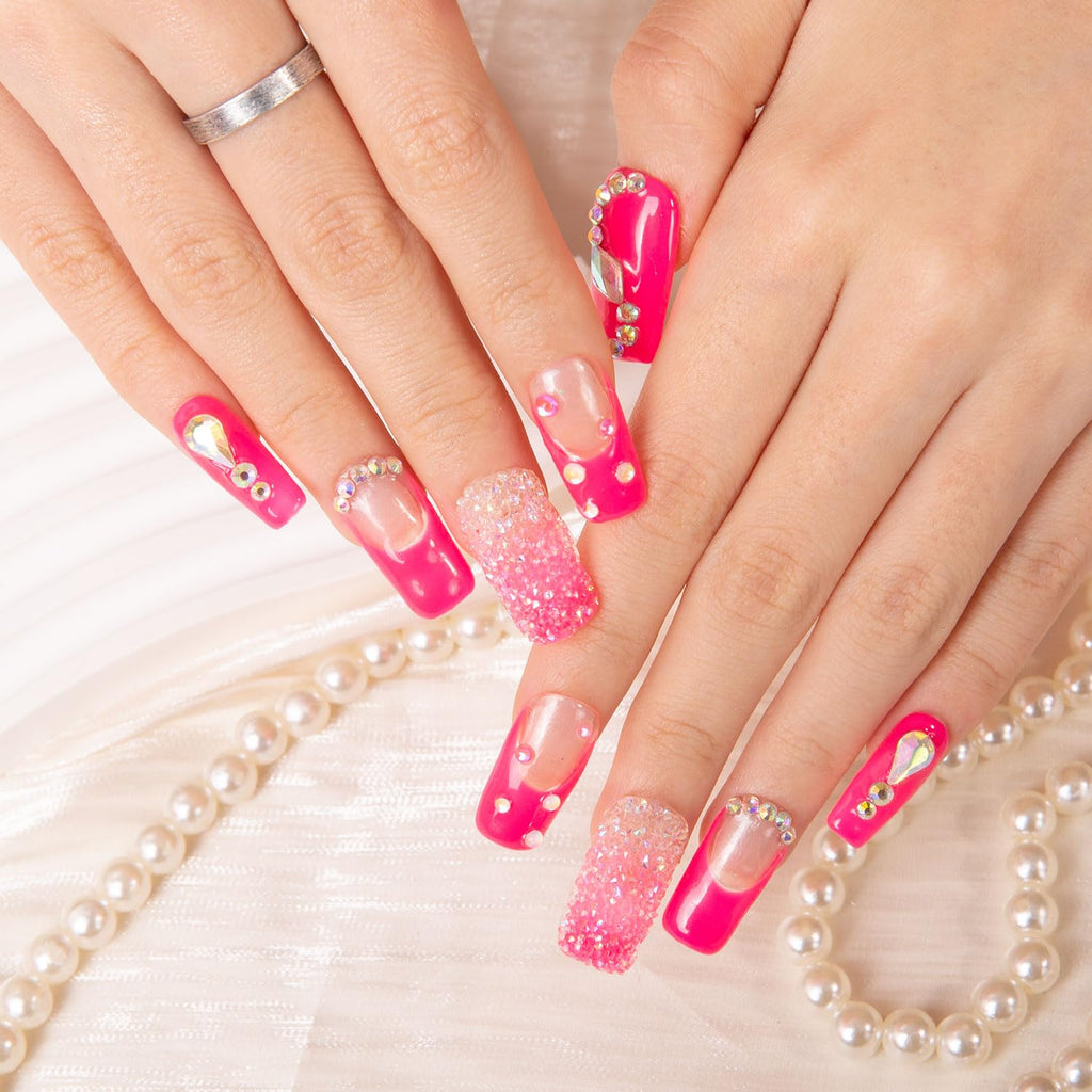 LOVFUL Press on Nails Pink Typhoon | Crystal Full-Cover Set, Reusable Square 1.0 in | H38-L