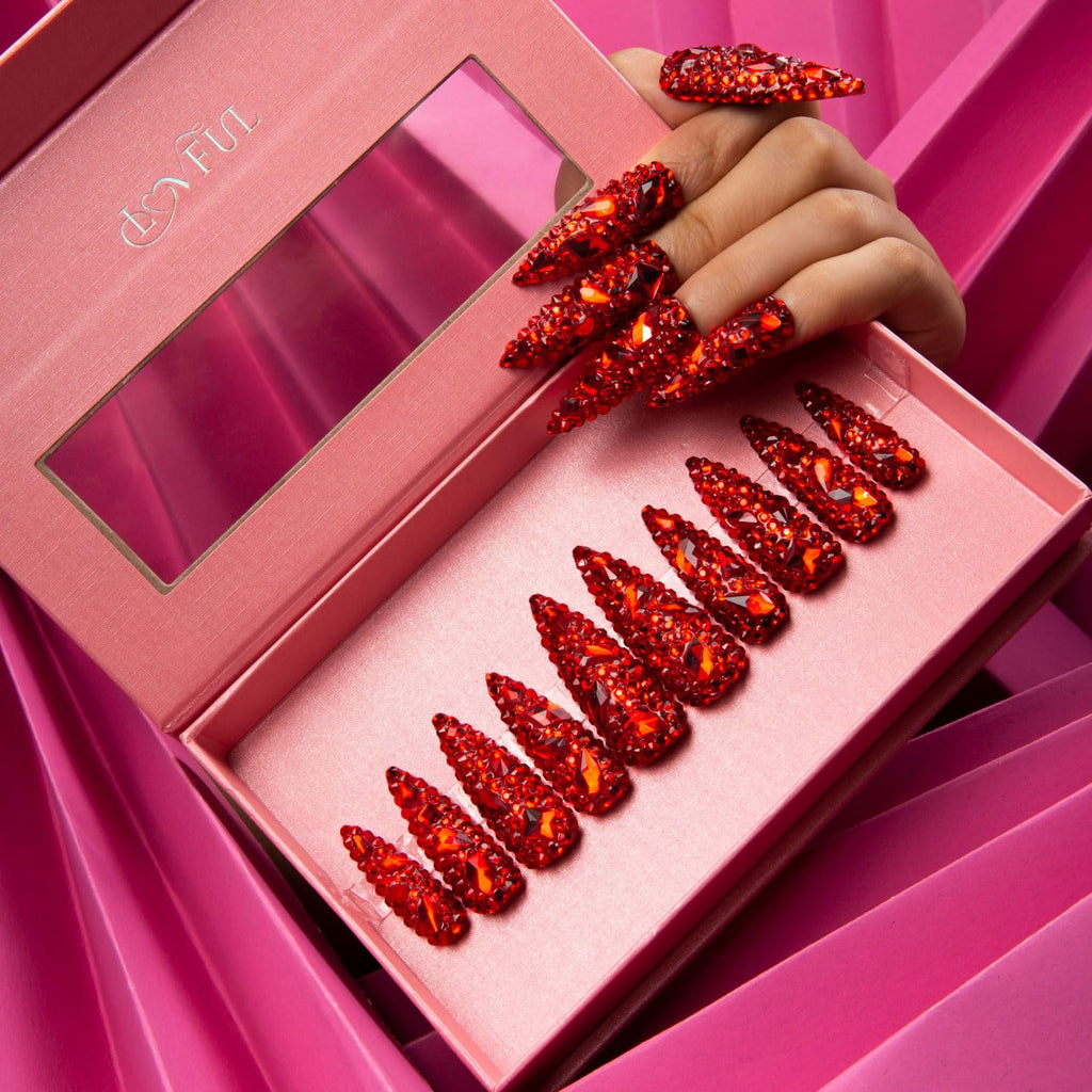 LOVFUL Flaming Luxury Red Stiletto Press-On Nails – Full Crystal, Reusable, 1.7in Mid Length