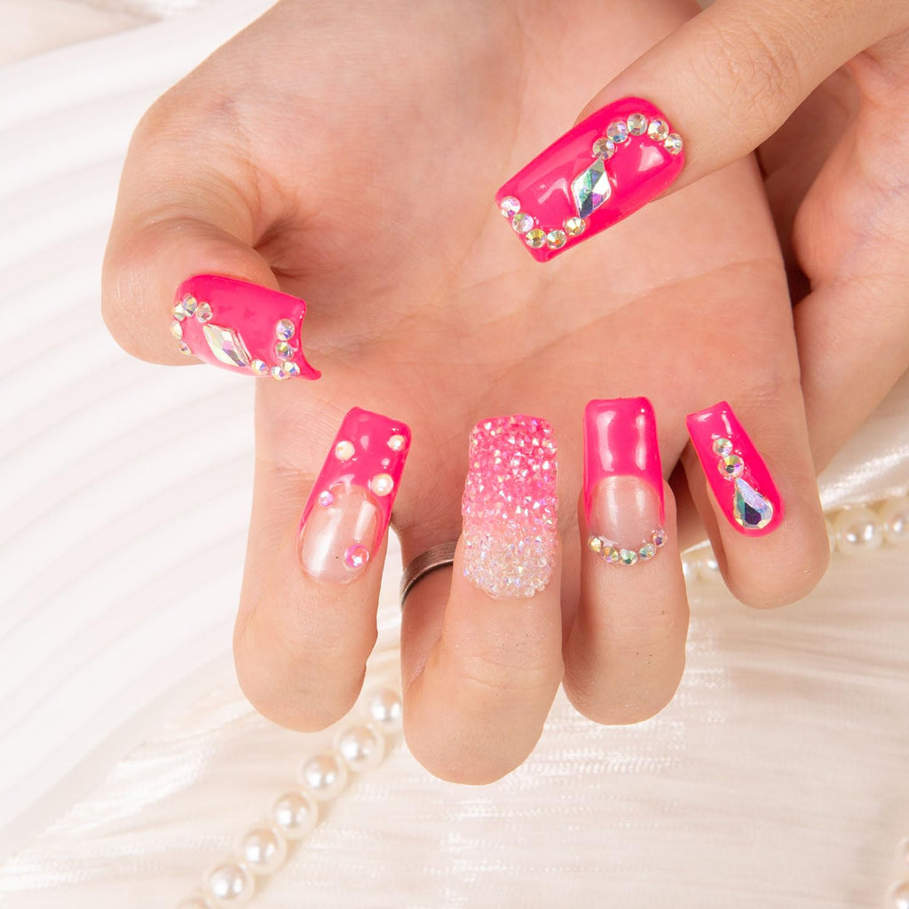LOVFUL Press on Nails Pink Typhoon | Crystal Full-Cover Set, Reusable Square 1.0 in | H38-L