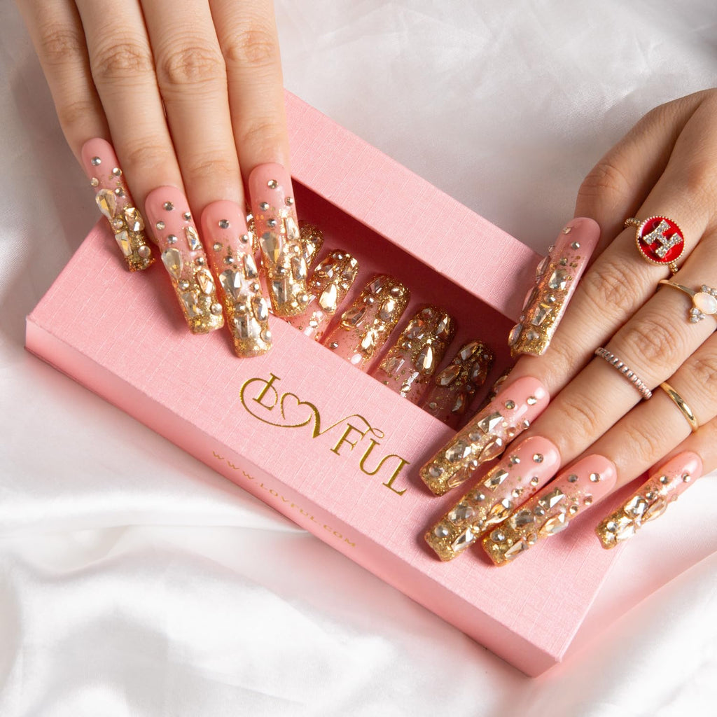 LOVFUL Stardust Gold Rhinestone Press-On Nails — Reusable Full-Covered Crystal Finish