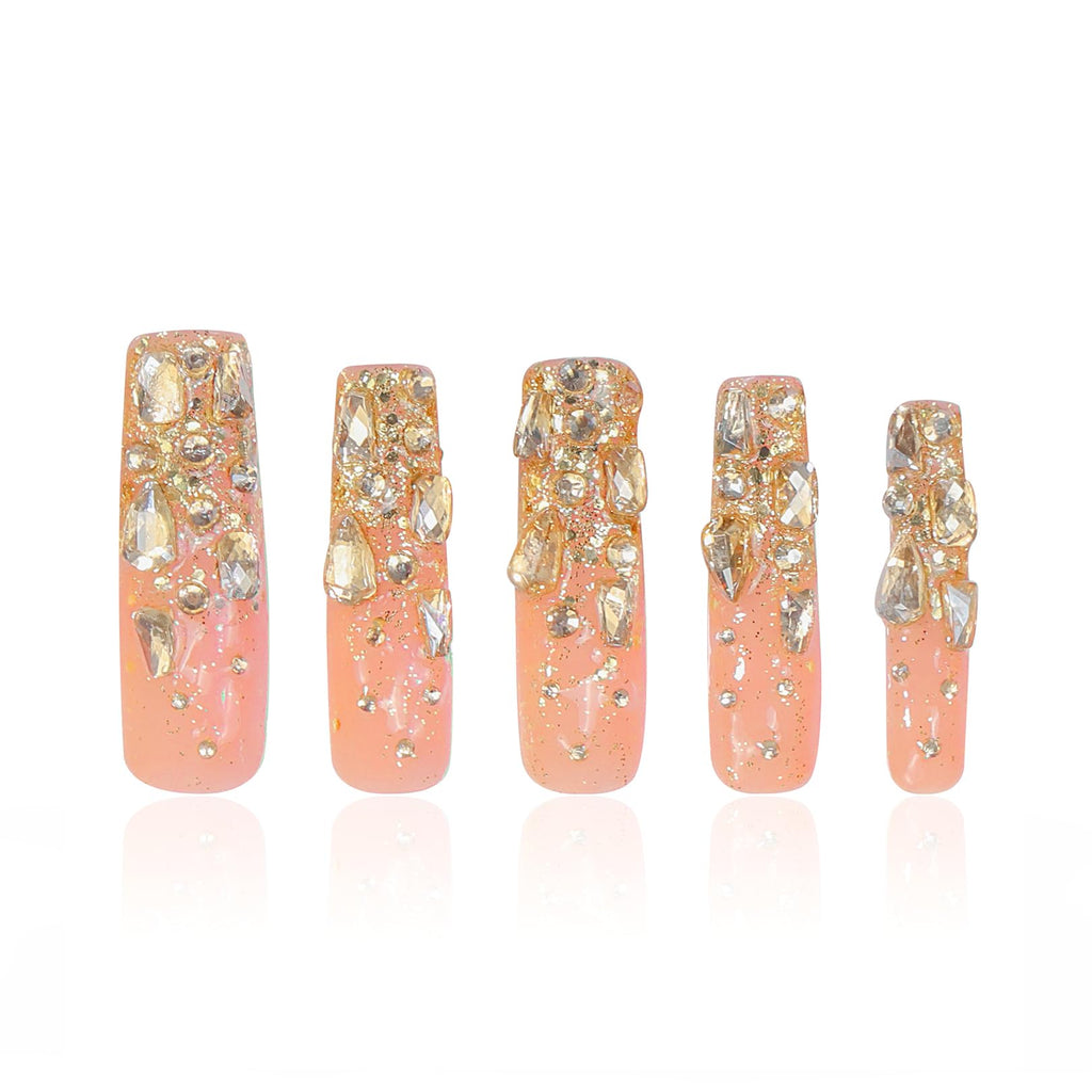 LOVFUL Stardust Gold Rhinestone Press-On Nails — Reusable Full-Covered Crystal Finish