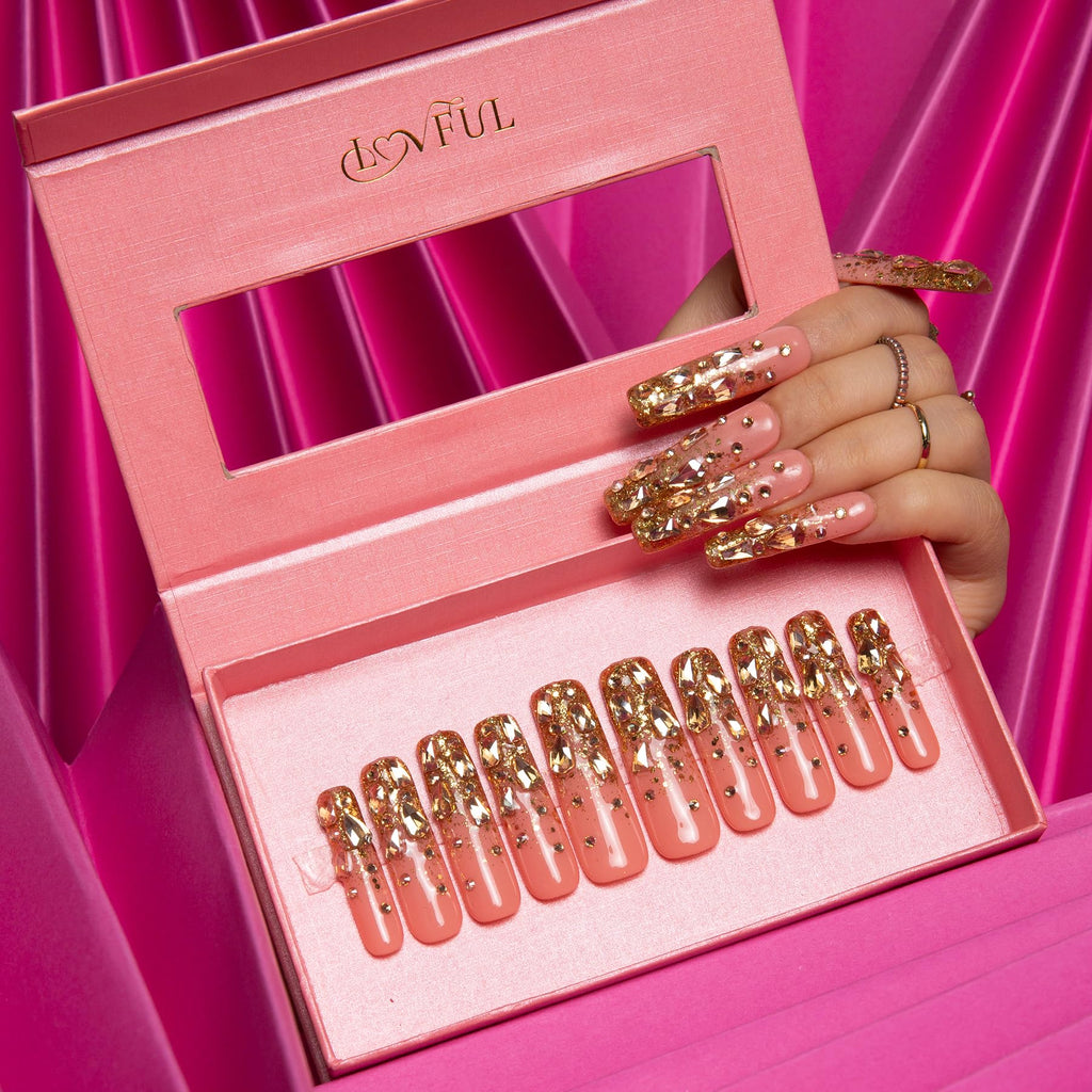 LOVFUL Stardust Gold Rhinestone Press-On Nails — Reusable Full-Covered Crystal Finish