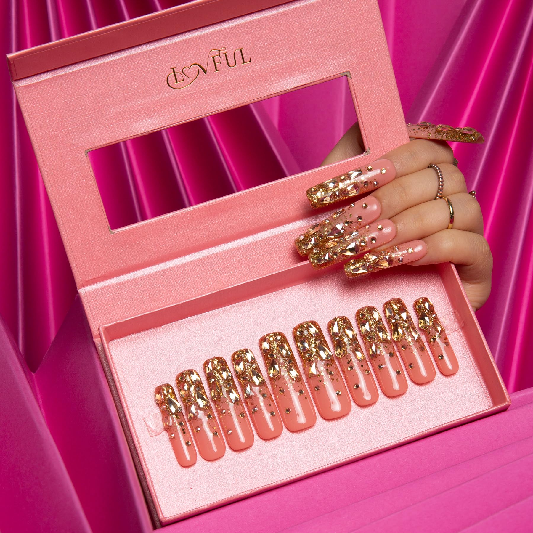 LOVFUL Stardust Gold Rhinestone Press-On Nails — Reusable Full-Covered Crystal Finish