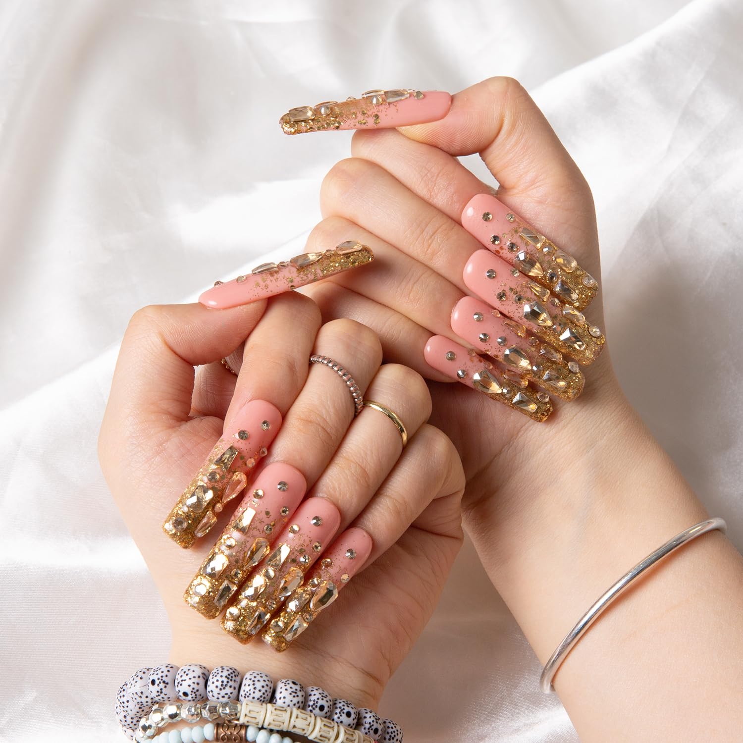 LOVFUL Stardust Gold Rhinestone Press-On Nails — Reusable Full-Covered Crystal Finish