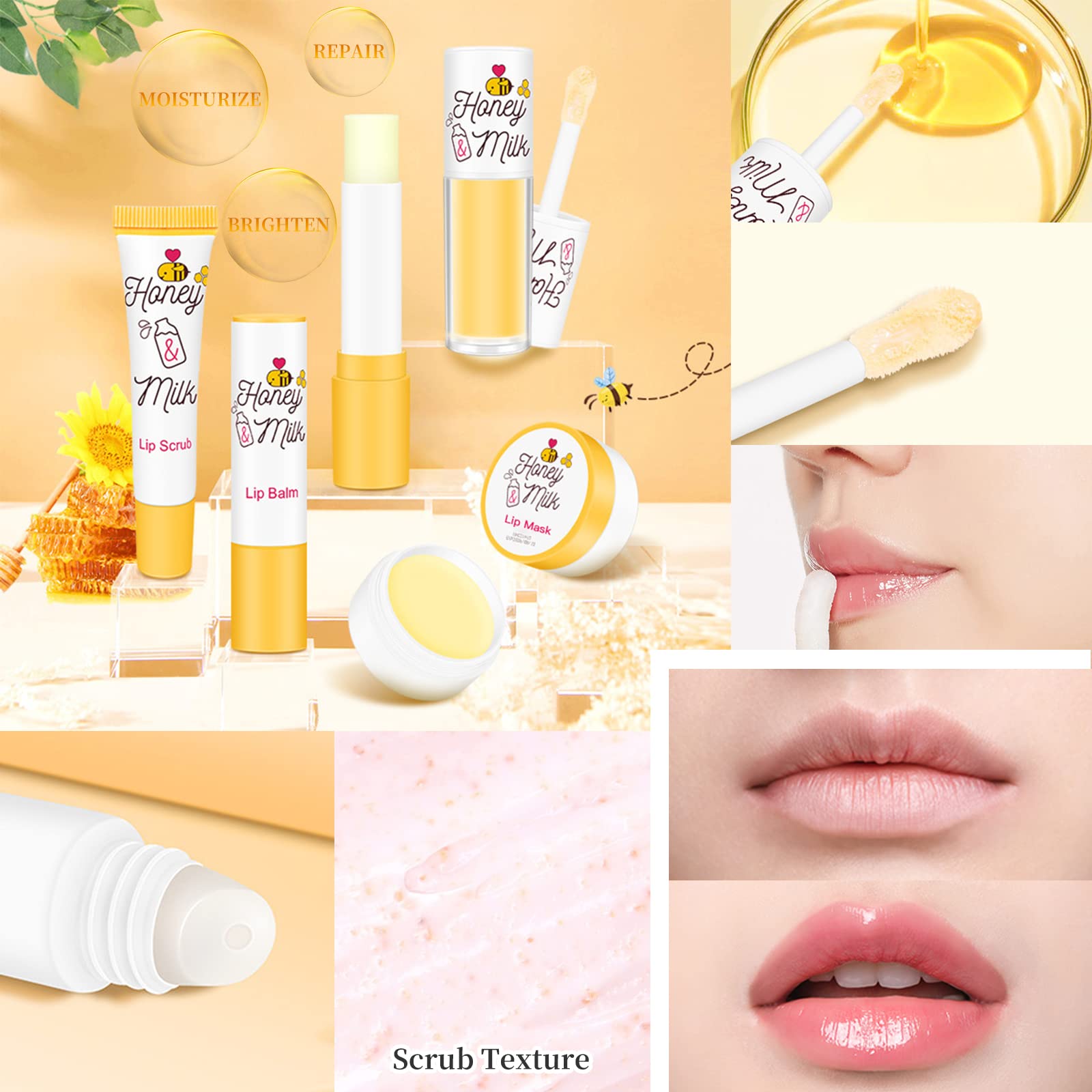 LSxia Honey Milk Lip Care Kit – Lip Mask, Balm, Scrub & Oil for Hydration