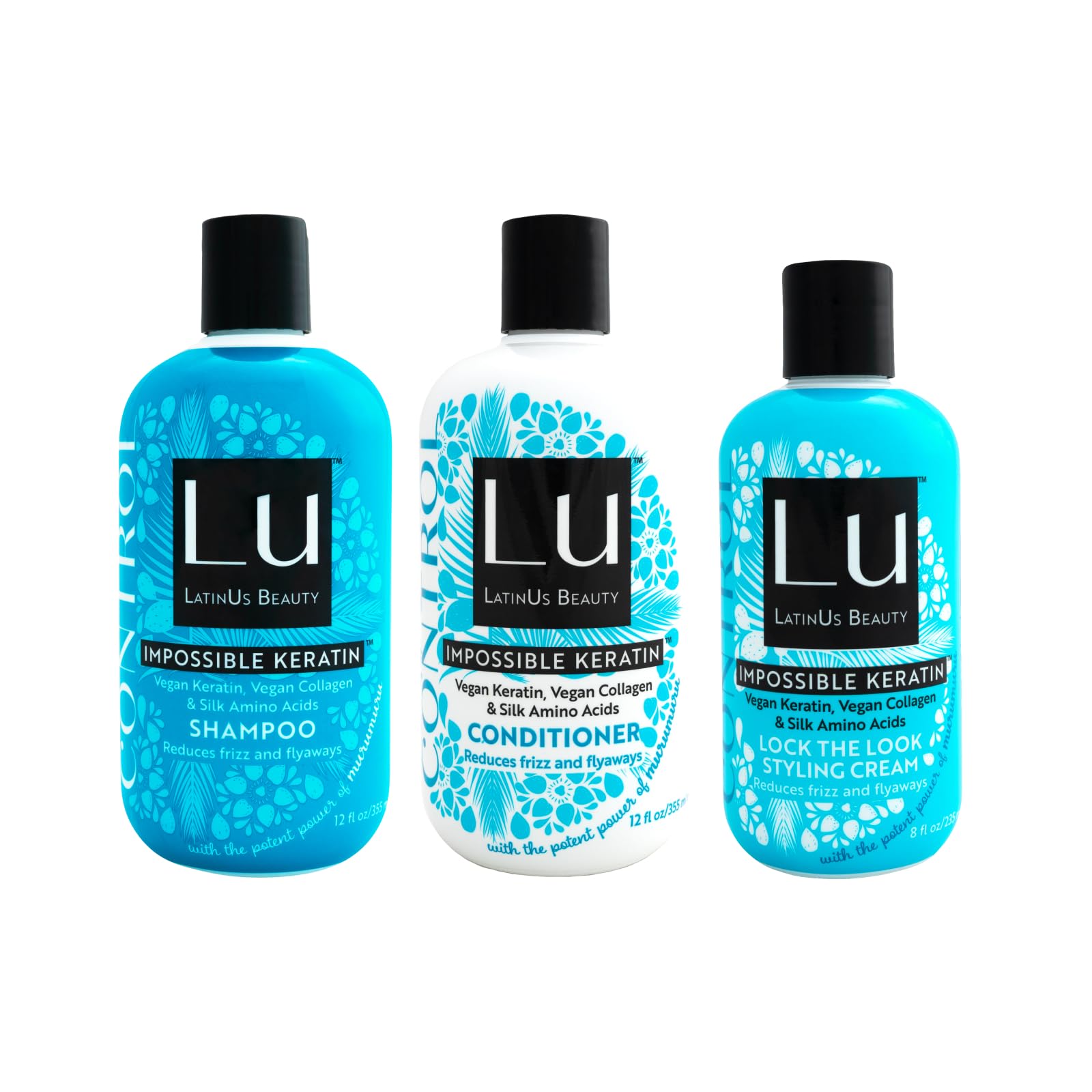Lu by LatinUs Beauty Anti-Frizz Tame & Sleek Hair Set - Shampoo, Conditioner & Styling Cream (32 oz)