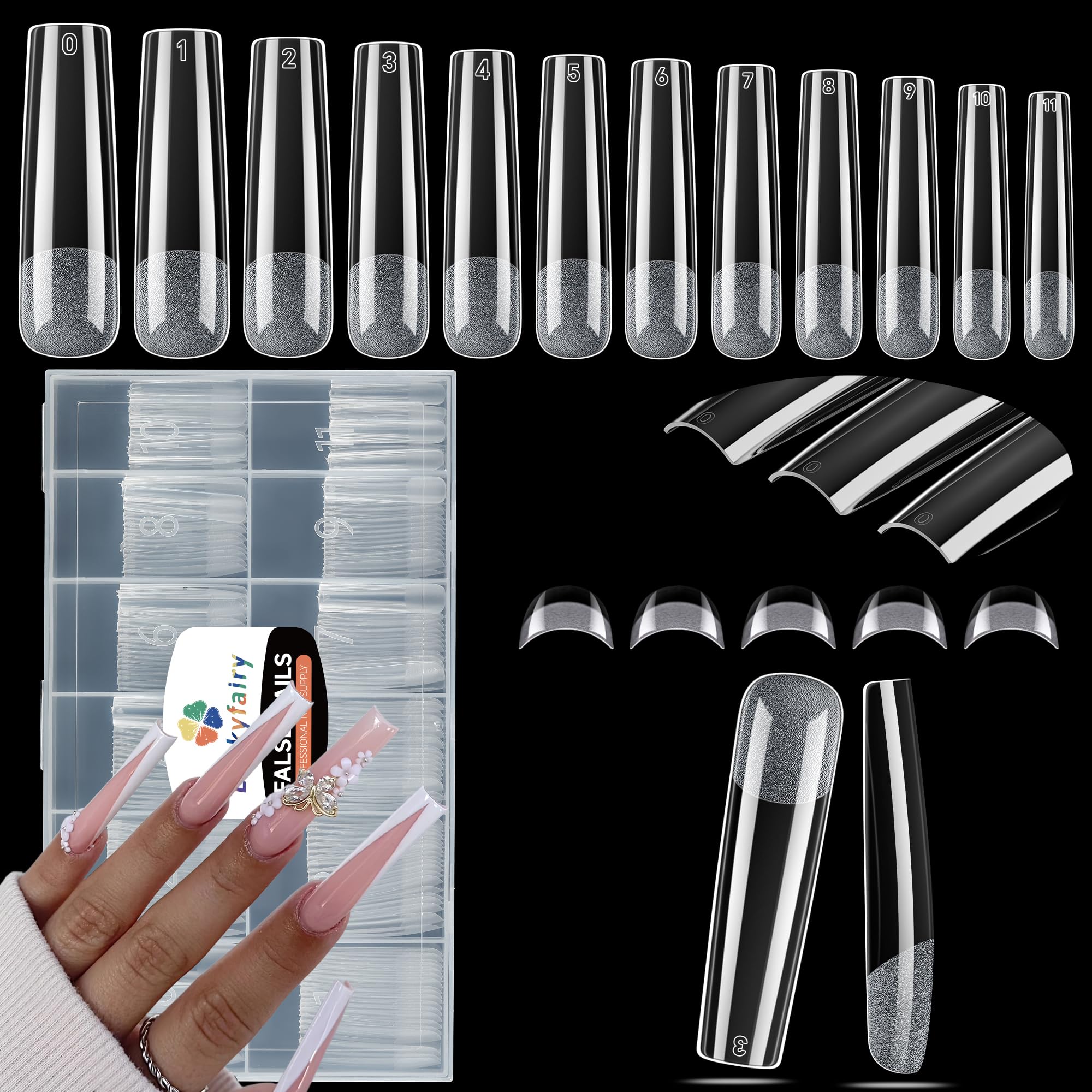 Luckyfairy XXL No C Curve Square Flat Nail Tips - 240pcs, 12 Sizes, Matte Clear