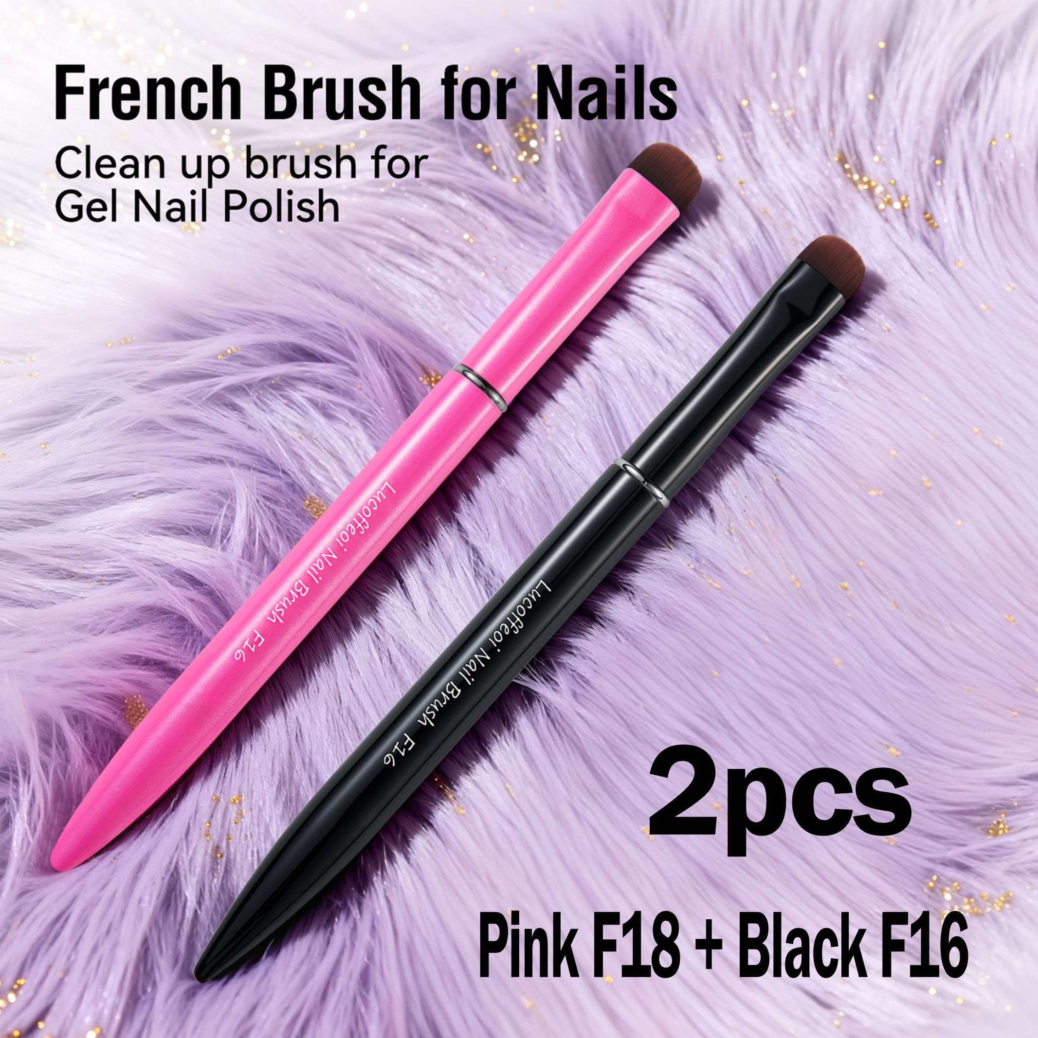 Lucoffeoi Clean Up Brush 2-Pack – Pro Kolinsky Sable Nail Art Brushes for Gel, Polygel, Acrylic (Pink F18 + Black F16)