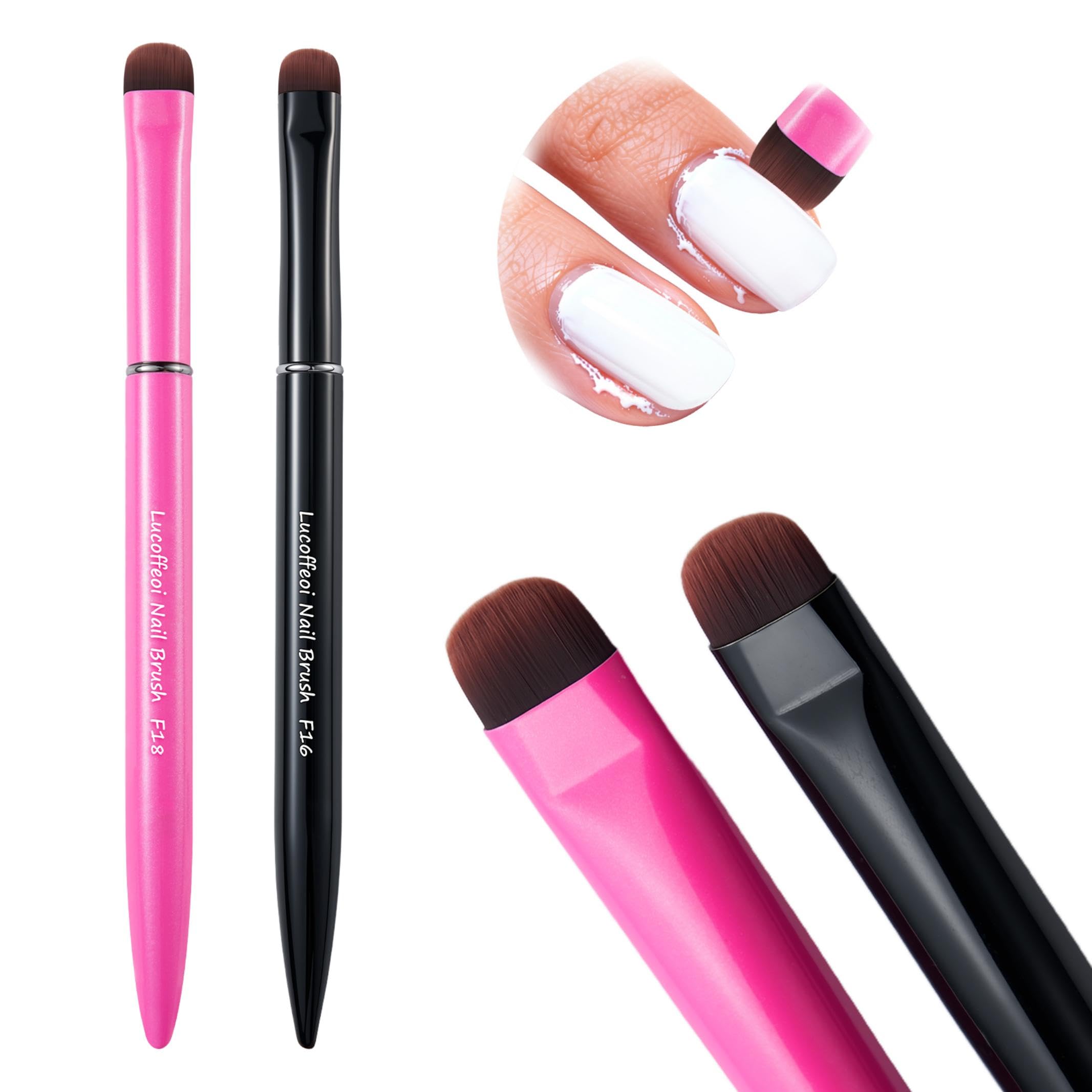 Lucoffeoi Clean Up Brush 2-Pack – Pro Kolinsky Sable Nail Art Brushes for Gel, Polygel, Acrylic (Pink F18 + Black F16)