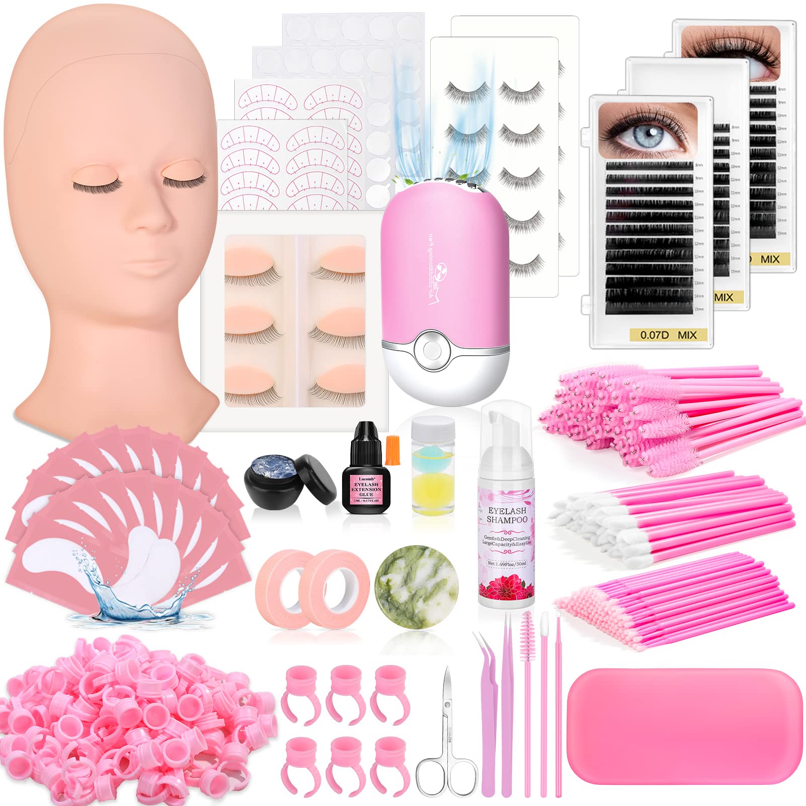 Lucomb Eye Lash Extension Practice Kit – 345 Pcs with Manikin Head & Tools