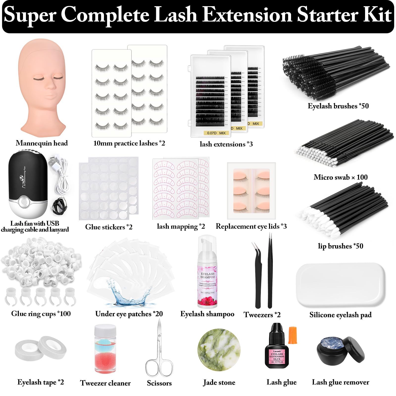 Lucomb Eyelash Extension Kit for Beginners – 345-Piece Practice Set with Mannequin Head
