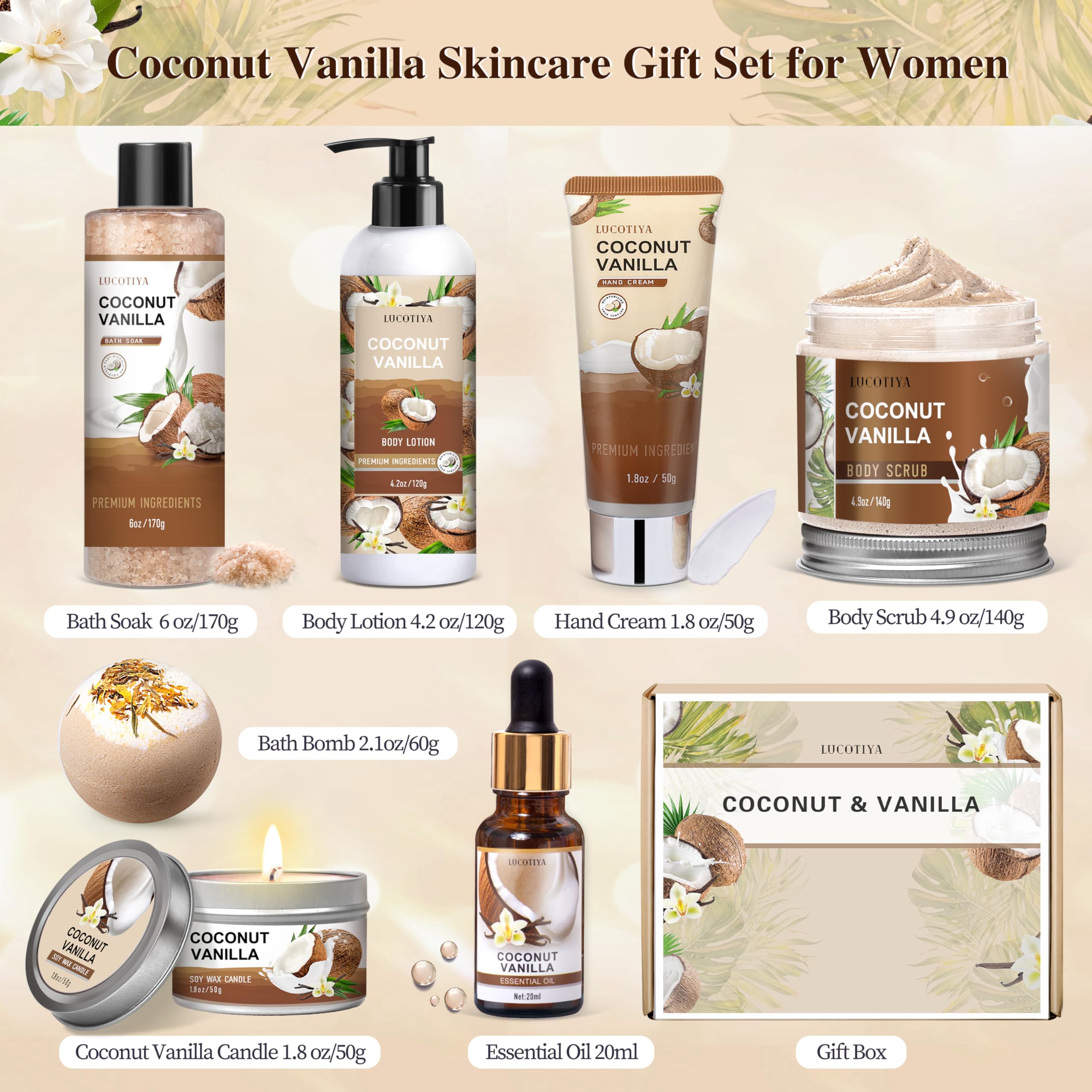 LUCOTIYA Vanilla Coconut Spa Gift Set – 8-Piece Bath & Body Gift for Women