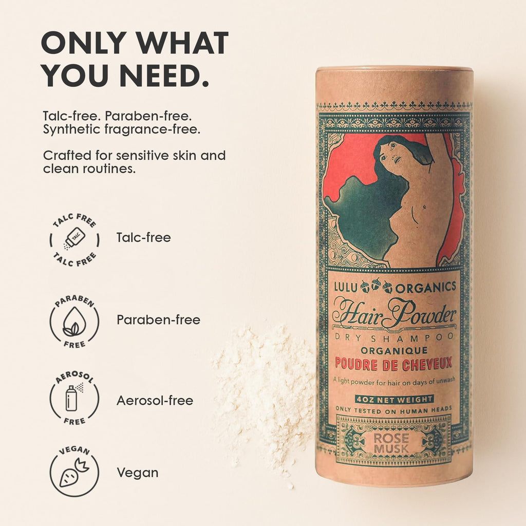 Lulu Organics Dry Shampoo Powder – Non-Aerosol, Talc-Free, Rose Musk | 4oz