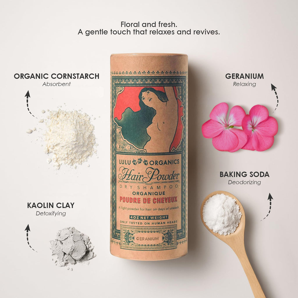 Lulu Organics Dry Shampoo Powder – Non-Aerosol, Talc-Free, Geranium (4oz)