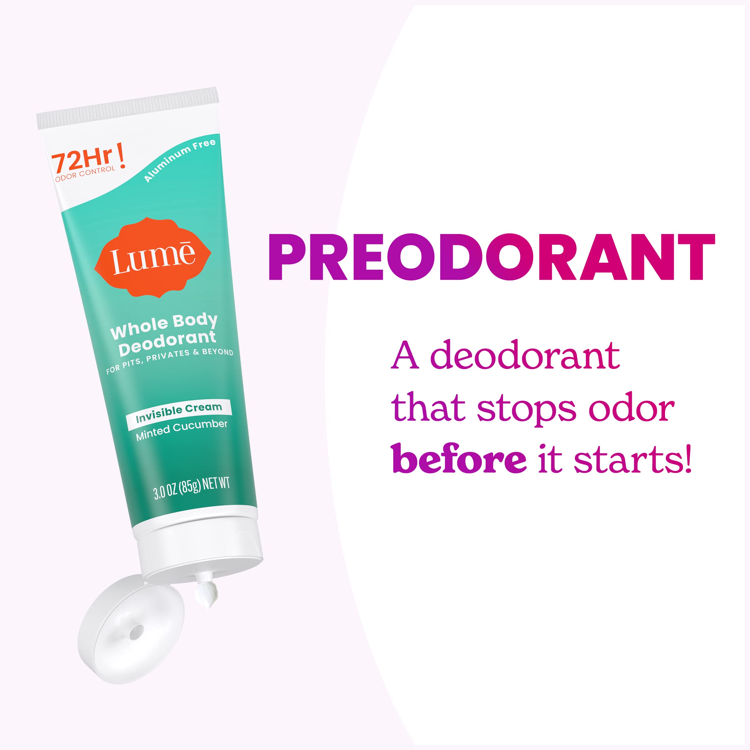 LUME Whole Body Deodorant - Minted Cucumber | Invisible Cream Tube, 72-Hour Odor Control, Aluminum-Free, Baking Soda-Free | Pack of 2 (3.0 oz)