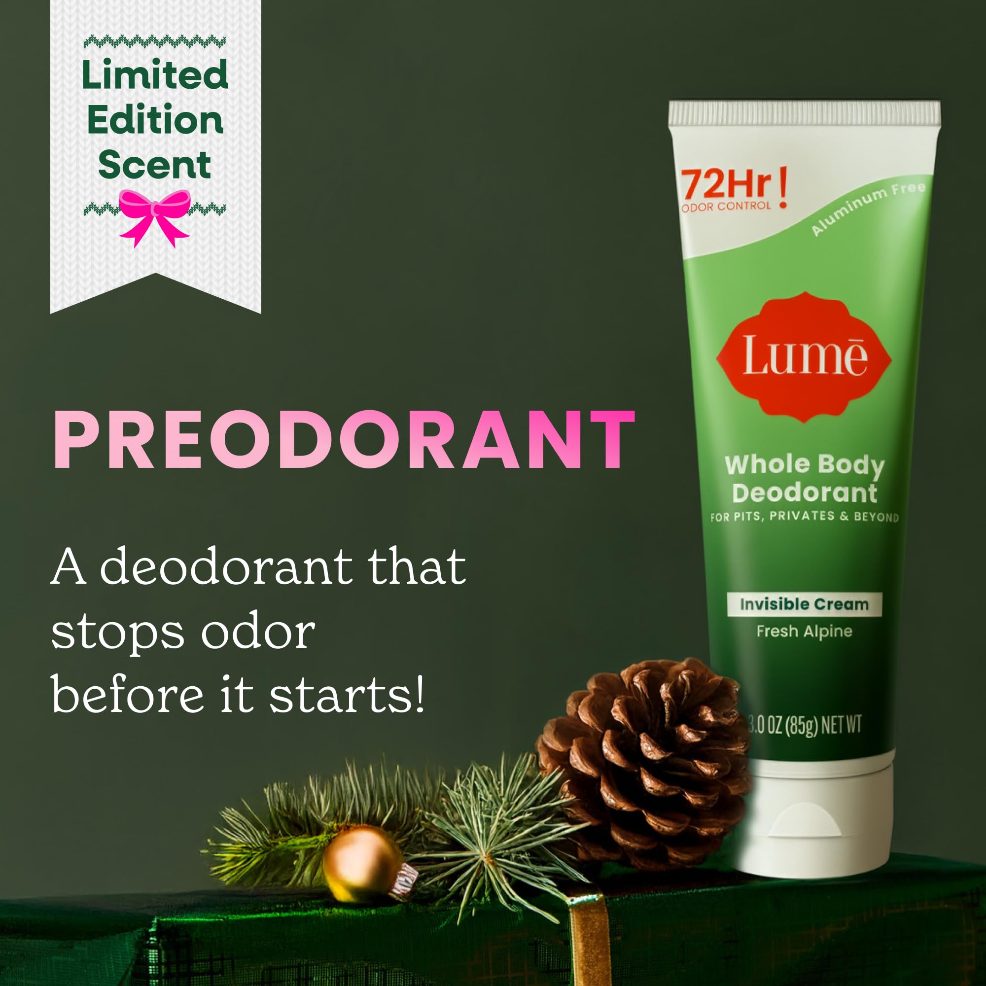 Lume Whole Body Deodorant - Invisible Cream Tube (3 oz) | 72-Hour Odor Control | Aluminum & Baking Soda Free - Fresh Alpine