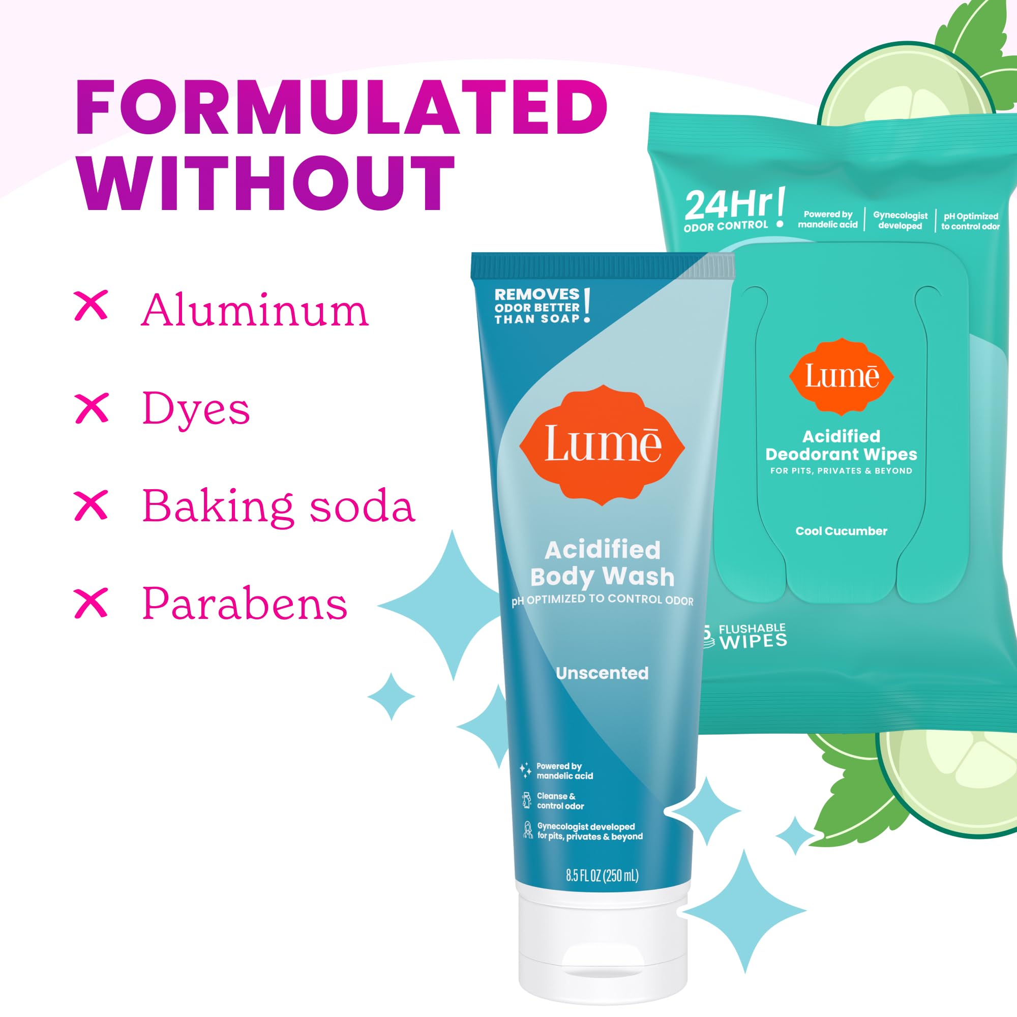 Lume Acidified Body Wash & Flushable Wipes — 24H Odor Control, Unscented, SLS/Paraben Free