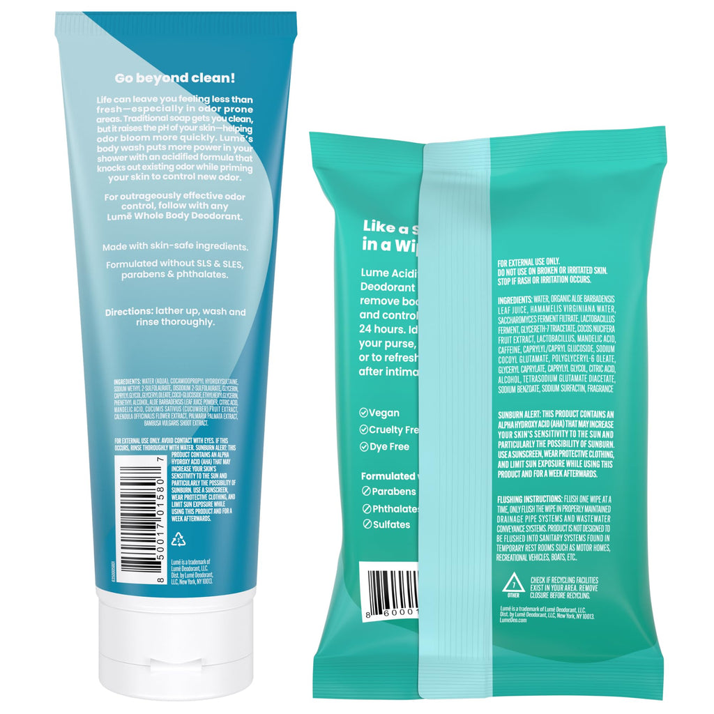 Lume Acidified Body Wash & Flushable Wipes — 24H Odor Control, Unscented, SLS/Paraben Free