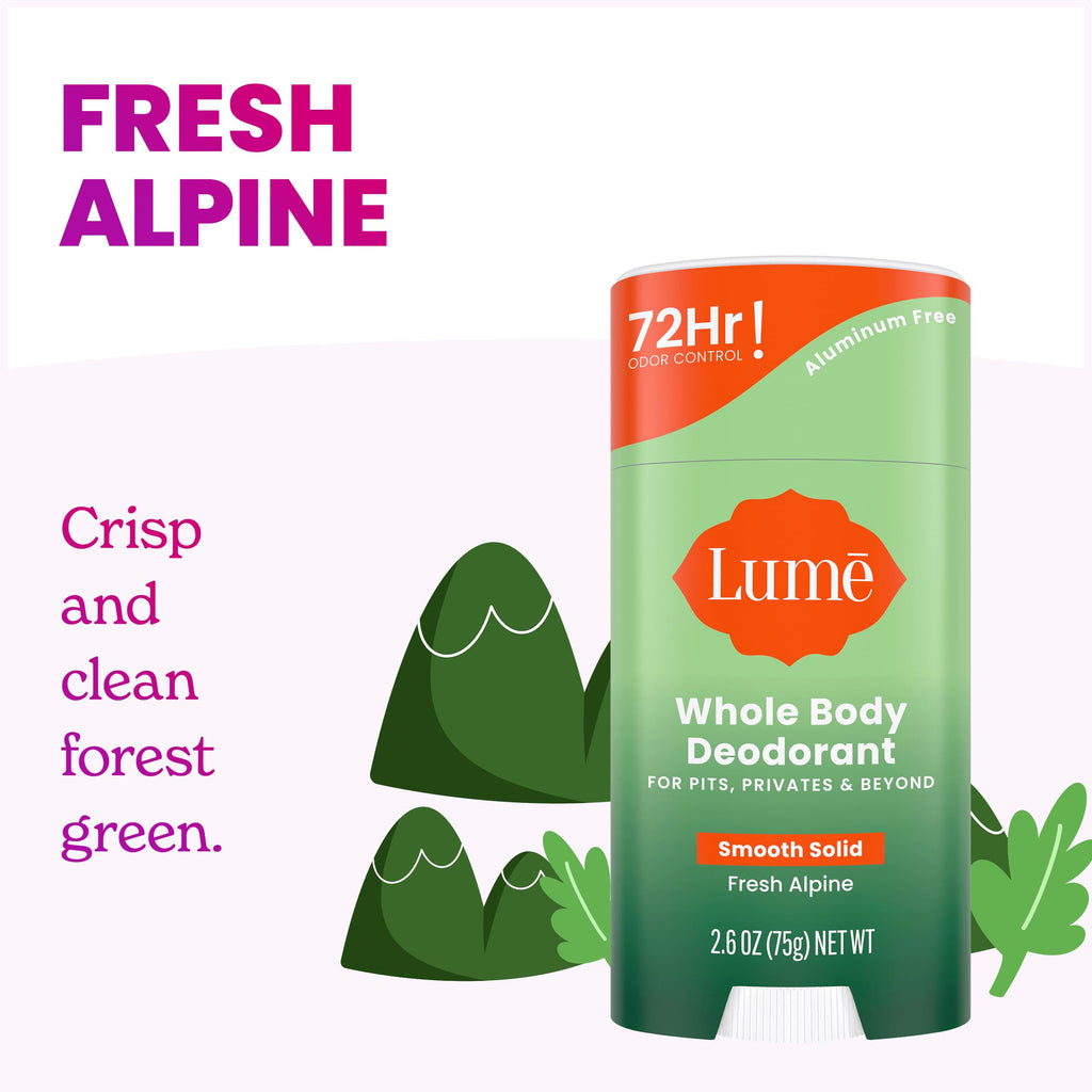 Lume Whole Body Deodorant – Fresh Alpine Smooth Solid Stick, 72 Hour Odor Control, Aluminum & Baking Soda Free (Pack of 3)