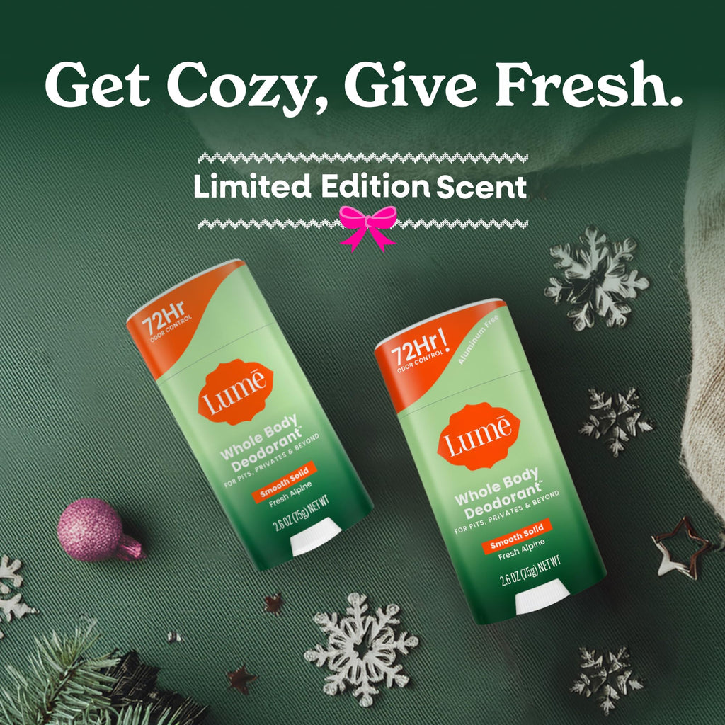 Lume Whole Body Deodorant – Fresh Alpine Smooth Solid Stick, 72 Hour Odor Control, Aluminum & Baking Soda Free (Pack of 3)