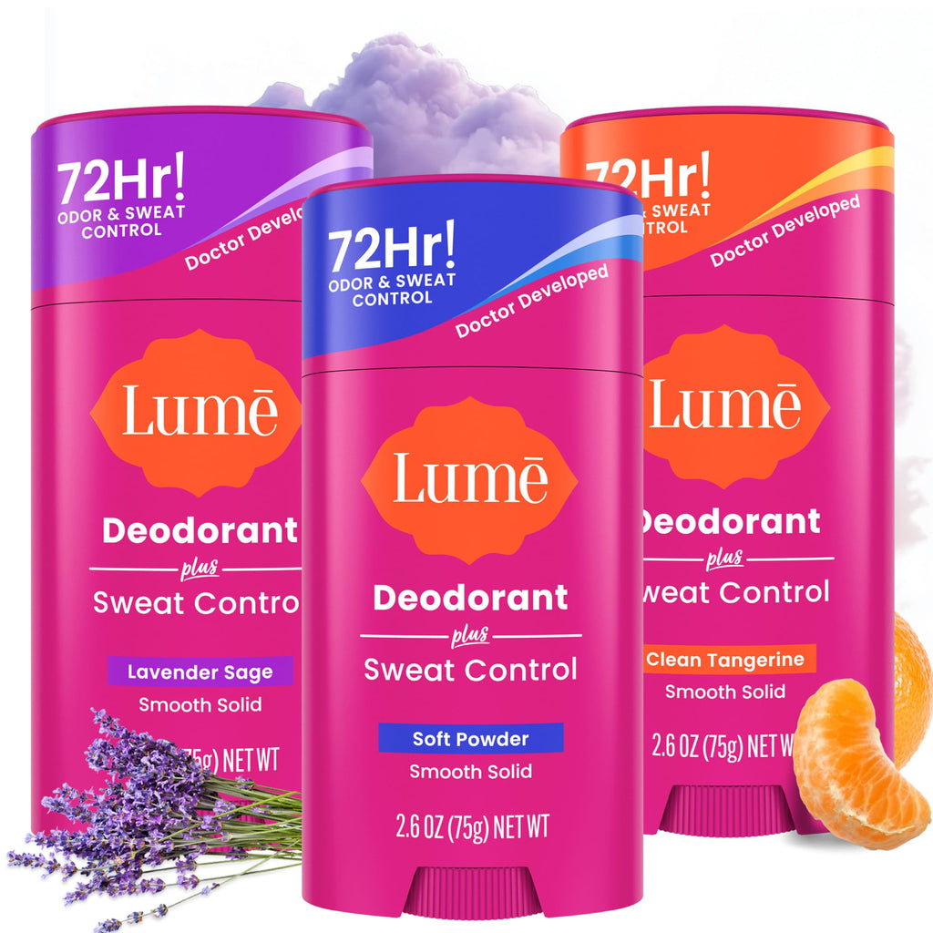 Lume Deodorant Plus Sweat Control – Maximum Strength Antiperspirant, 72-Hour Odor & Sweat Control, Baking Soda Free (Lavender Sage, Clean Tangerine & Soft Powder) 2.6 oz