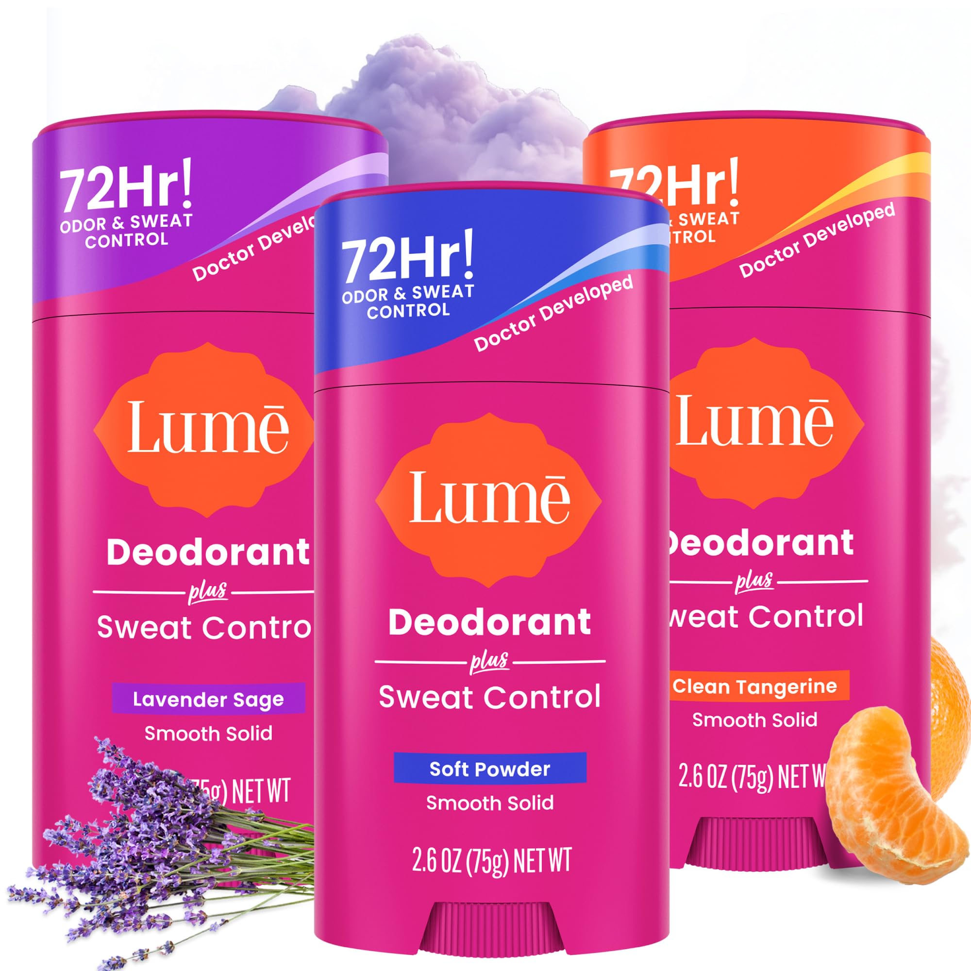 Lume Deodorant Plus Sweat Control – Maximum Strength Antiperspirant, 72-Hour Odor & Sweat Control, Baking Soda Free (Lavender Sage, Clean Tangerine & Soft Powder) 2.6 oz