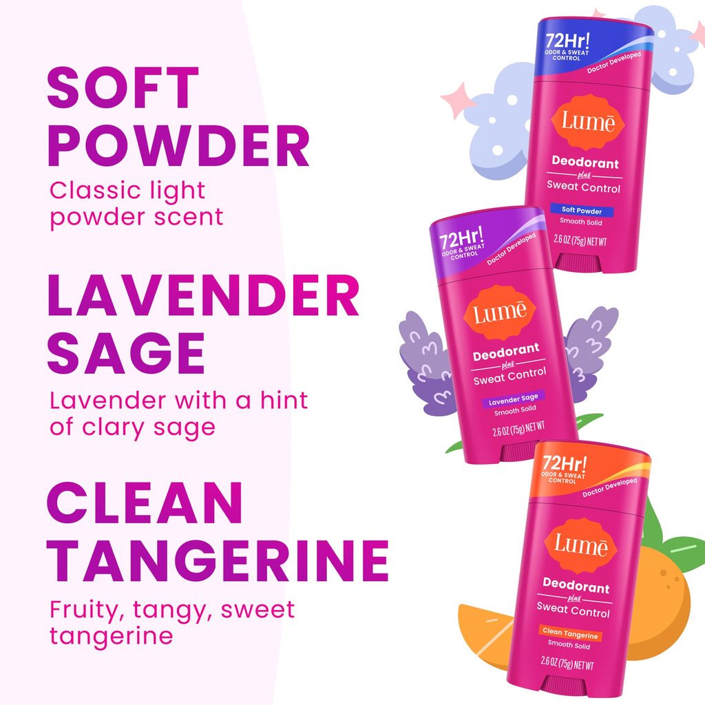 Lume Deodorant Plus Sweat Control – Maximum Strength Antiperspirant, 72-Hour Odor & Sweat Control, Baking Soda Free (Lavender Sage, Clean Tangerine & Soft Powder) 2.6 oz