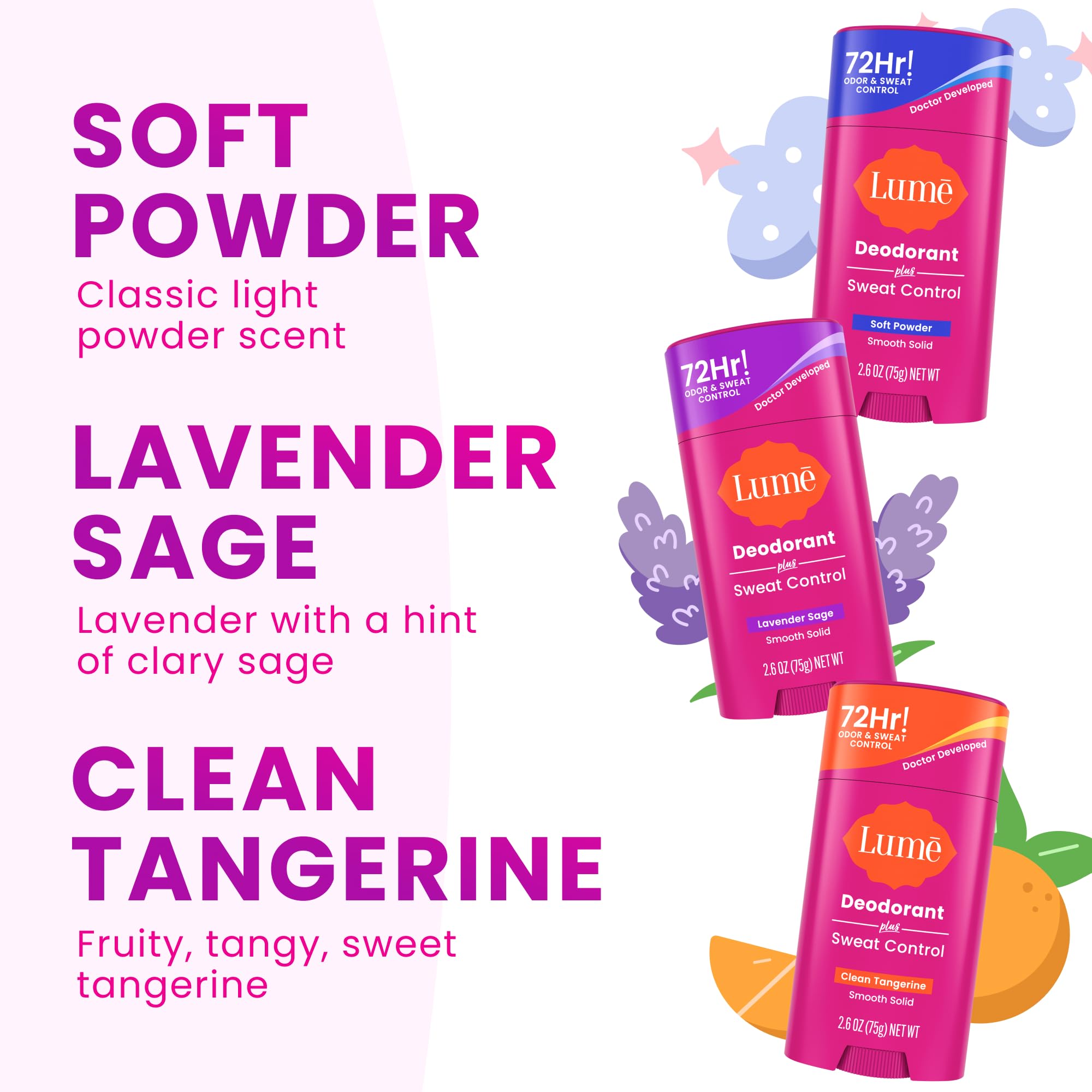 Lume Deodorant Plus Sweat Control – Maximum Strength Antiperspirant, 72-Hour Odor & Sweat Control, Baking Soda Free (Lavender Sage, Clean Tangerine & Soft Powder) 2.6 oz
