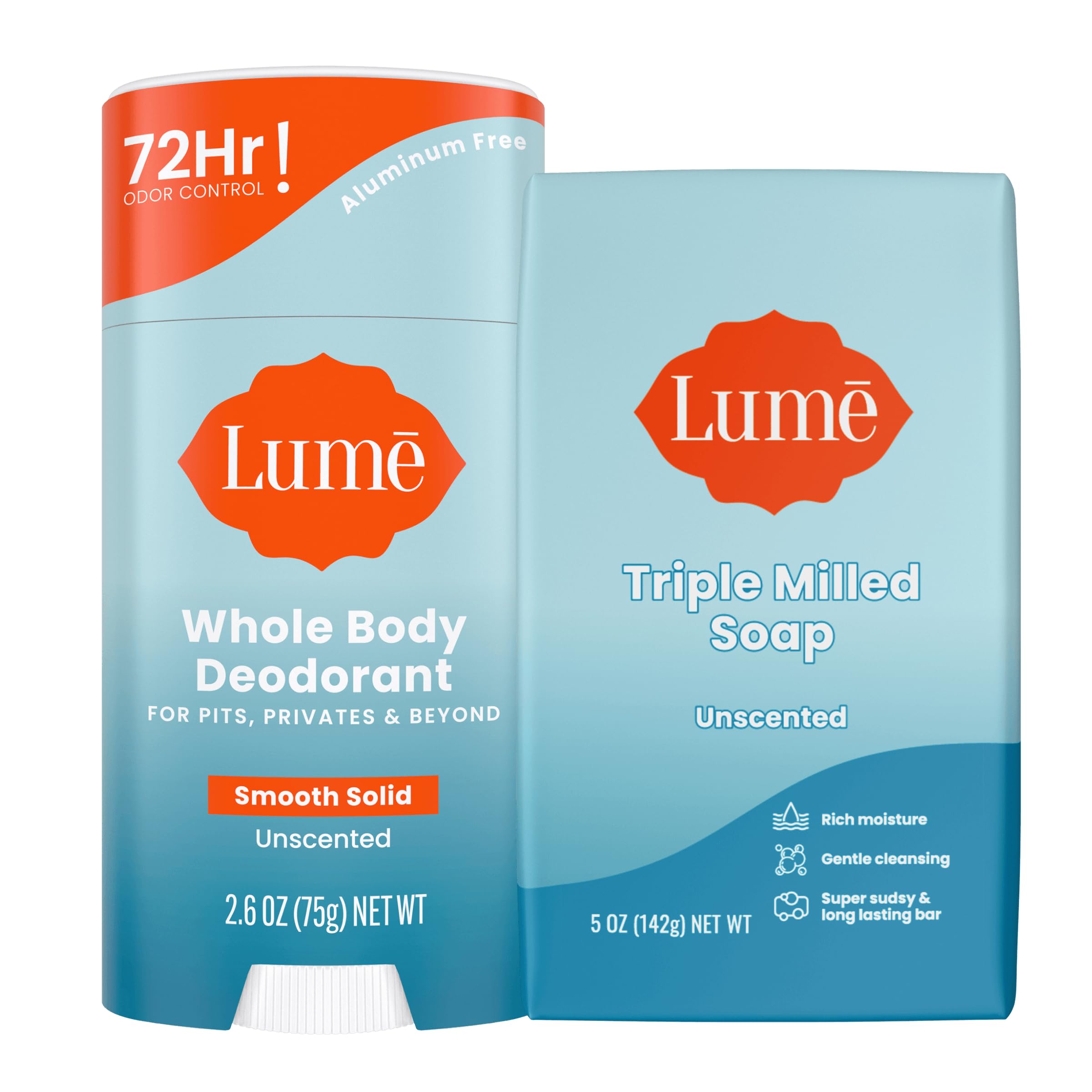 Lume Whole Body Deodorant & Soap — Unscented, Aluminum & Baking Soda Free, 72-Hour Odor Control