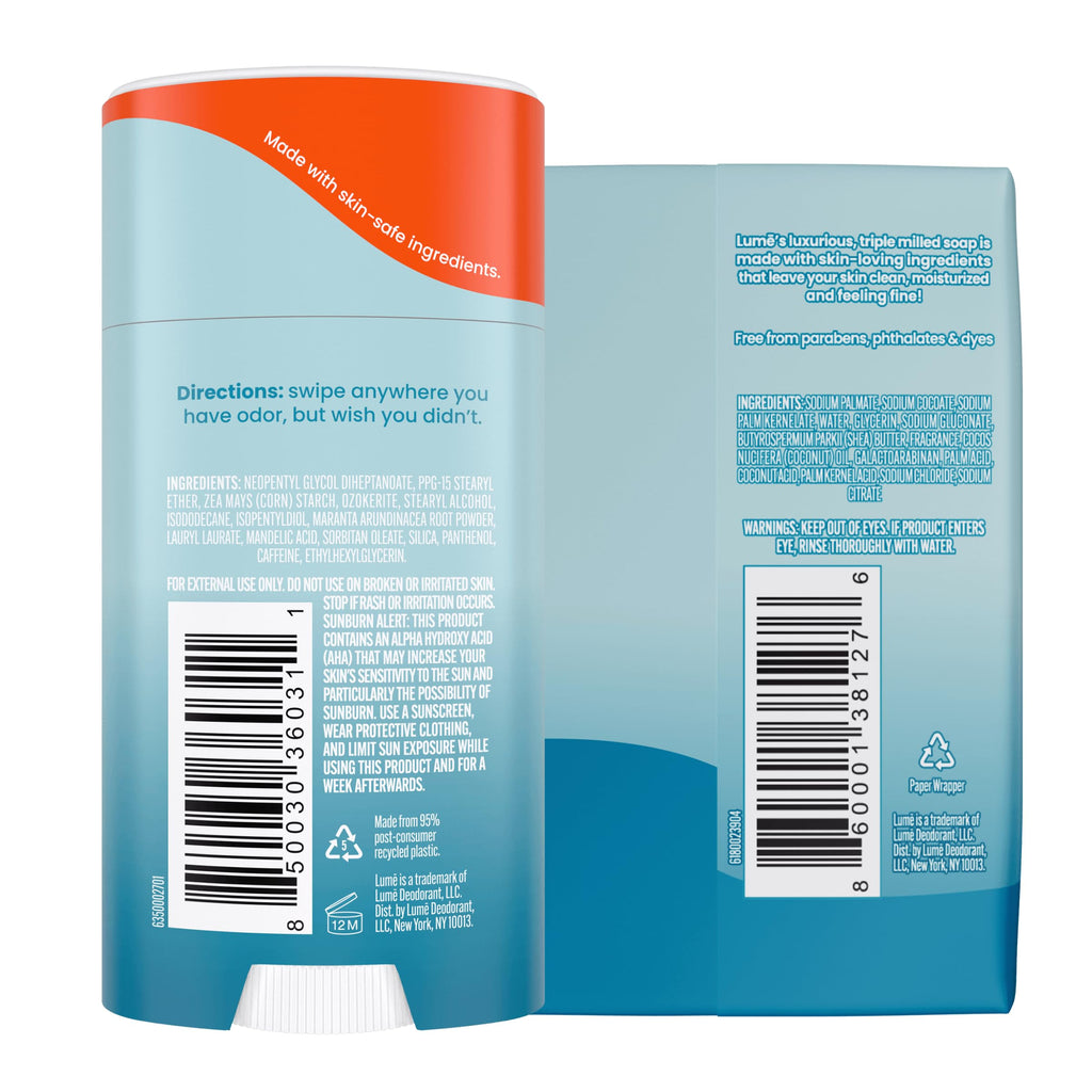 Lume Whole Body Deodorant & Soap — Unscented, Aluminum & Baking Soda Free, 72-Hour Odor Control