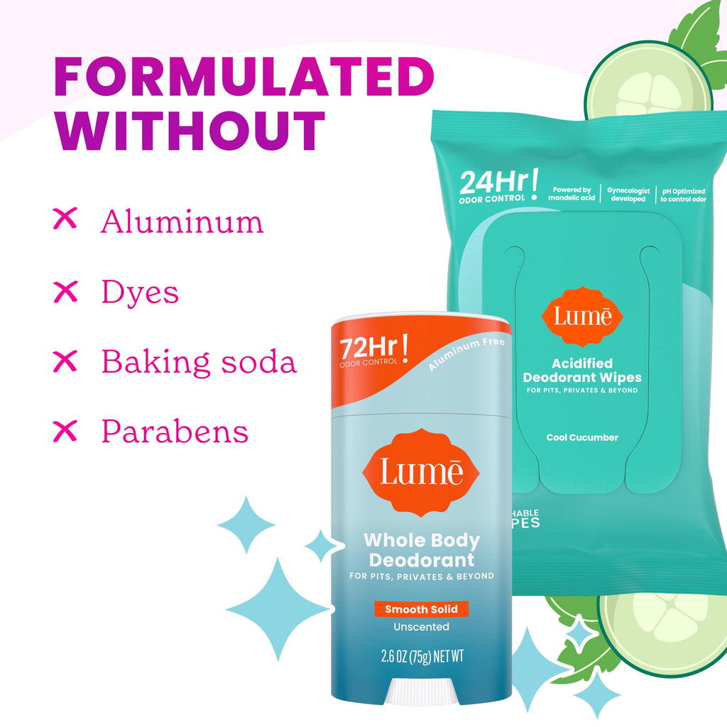 Lume Whole Body Deodorant – Unscented Stick + Flushable Wipes | Doctor Developed, Aluminum & Baking Soda Free