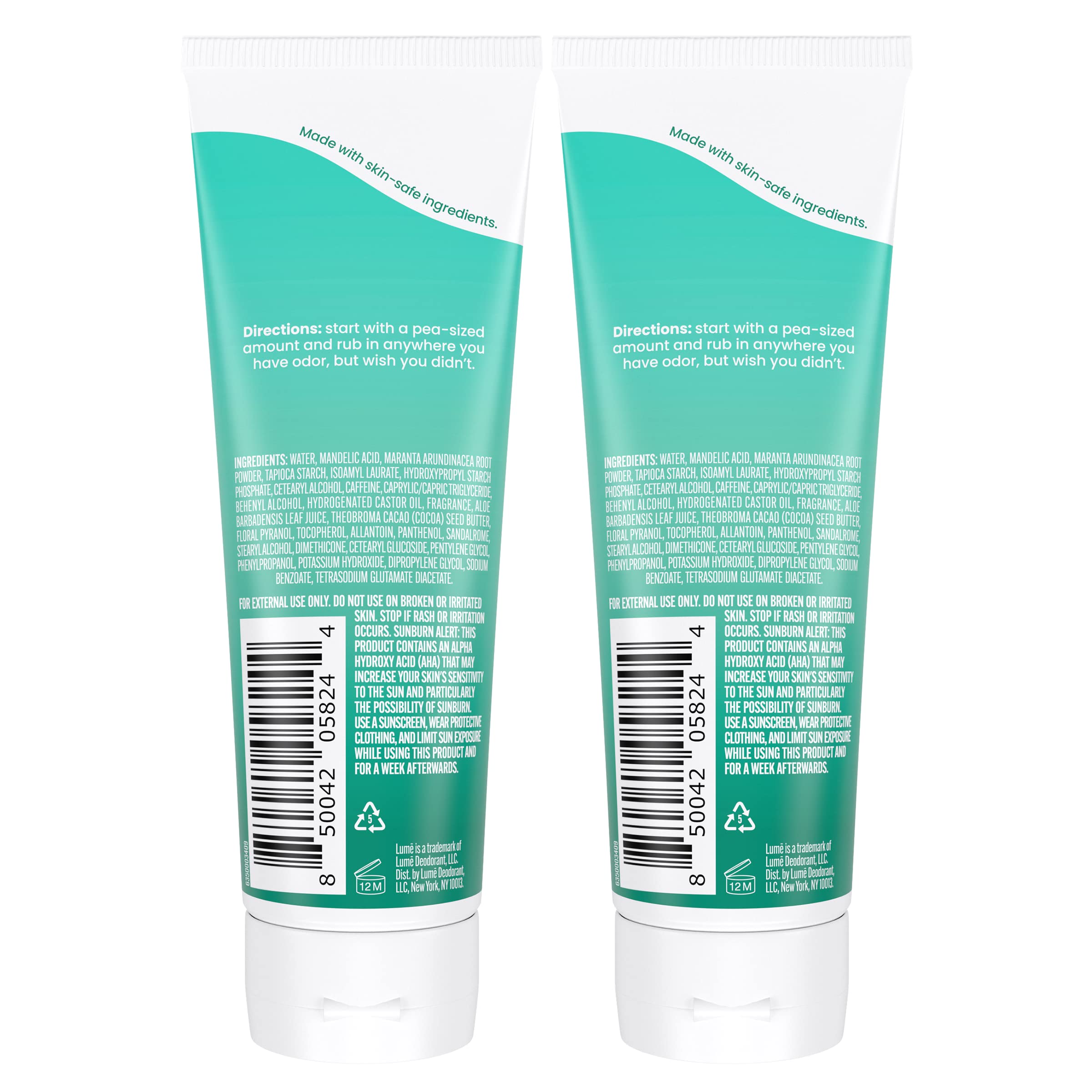 LUME Whole Body Deodorant - Minted Cucumber | Invisible Cream Tube, 72-Hour Odor Control, Aluminum-Free, Baking Soda-Free | Pack of 2 (3.0 oz)