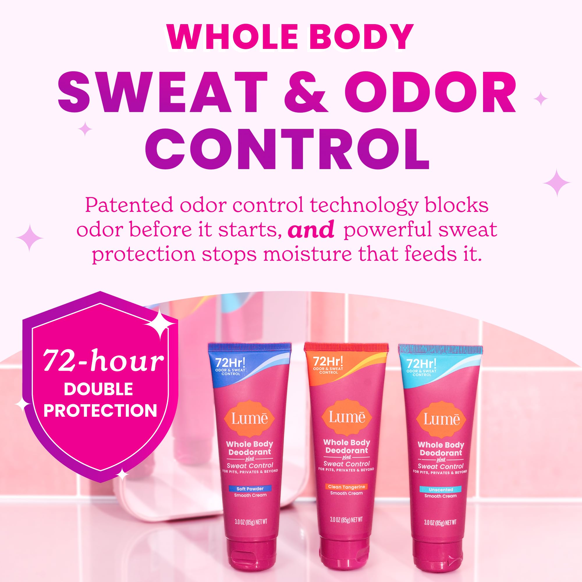 Lume Whole Body Deodorant Plus Sweat Control – 72-Hour Odor & Sweat (Baking Soda Free) – Soft Powder & Lavender Sage (Pack of 2)